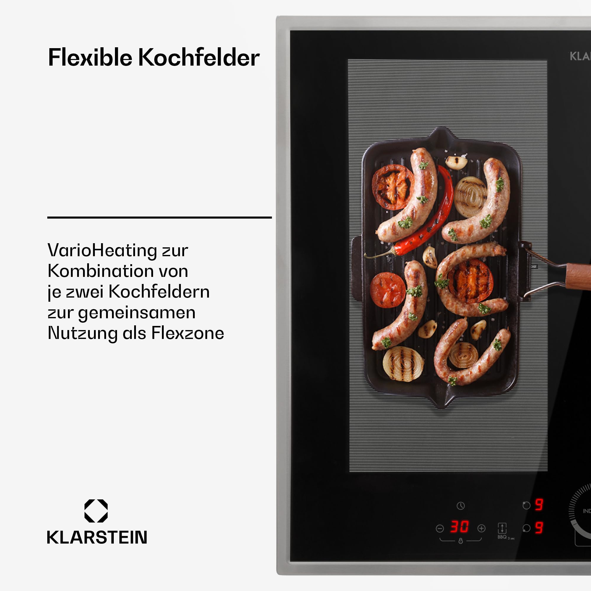 Klarstein Induktionskochfeld - Glaskeramik Einbau-Kochfeld Mit 4 Platten, Touch-Display, Digitalanzeige, Timer-Funktion, Schnelles Aufheizen - 7000 Watt