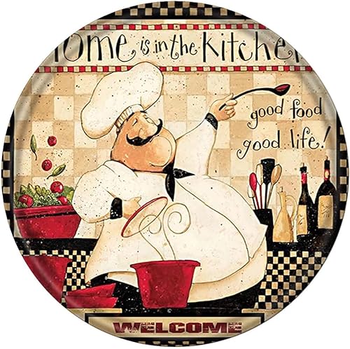 Letrero redondo de aluminio con texto en inglés "Chef" de bienvenida de metal para decoración de pared, para el hogar, cocina, sala de estar,