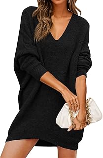 Saodimallsu Pullover Dress Women's V-Neck Oversized Knitted Jumper Elegant Warm Ribbed Knit Casual Loose Casual Dress for Autumn Winter Knitted Dress