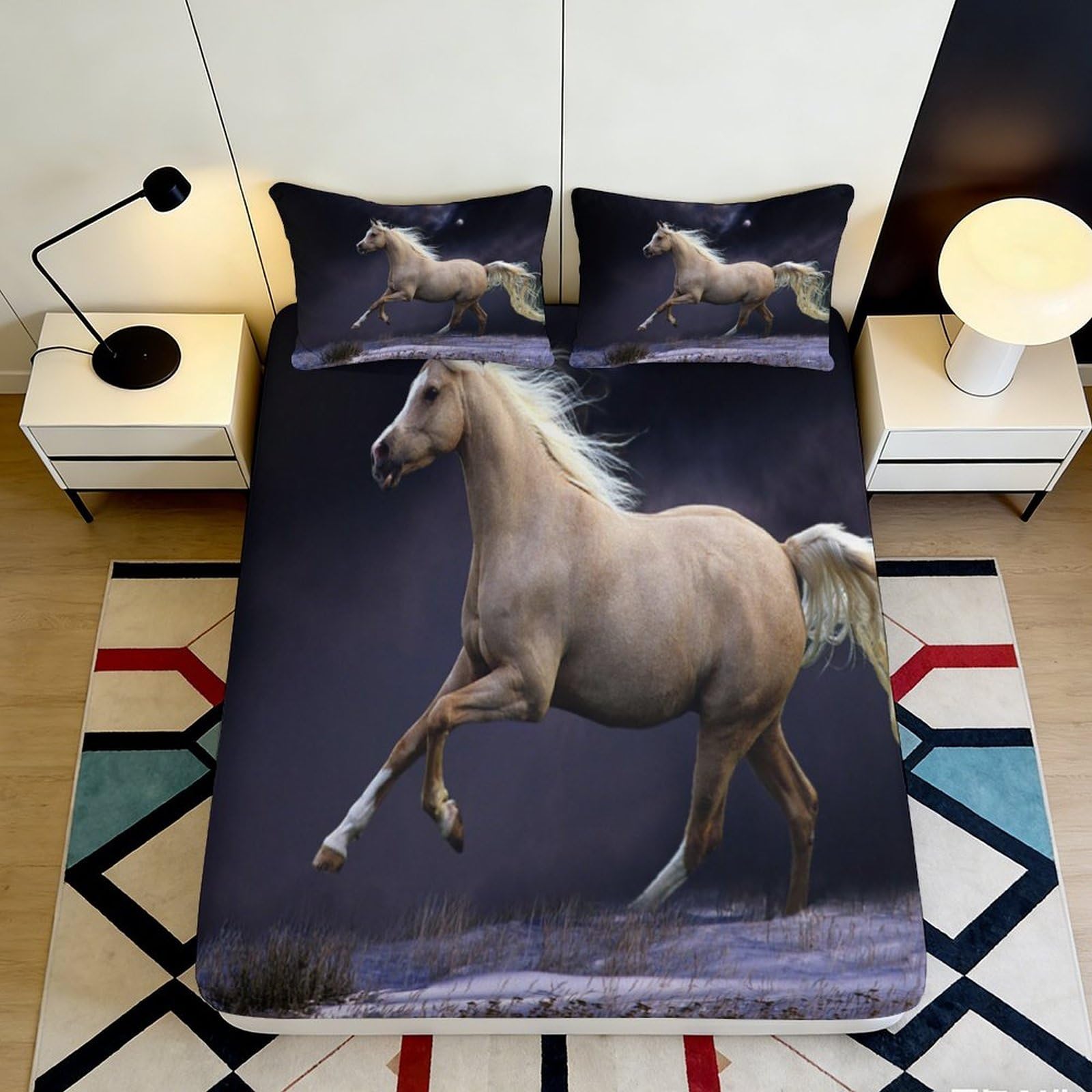 3D Printed Galloping Horse Fitted Sheet Microfiber Bedroom Decor Wild Stallion Bed Cover for Home Guest Room Mattress Protection 90x200x25cm