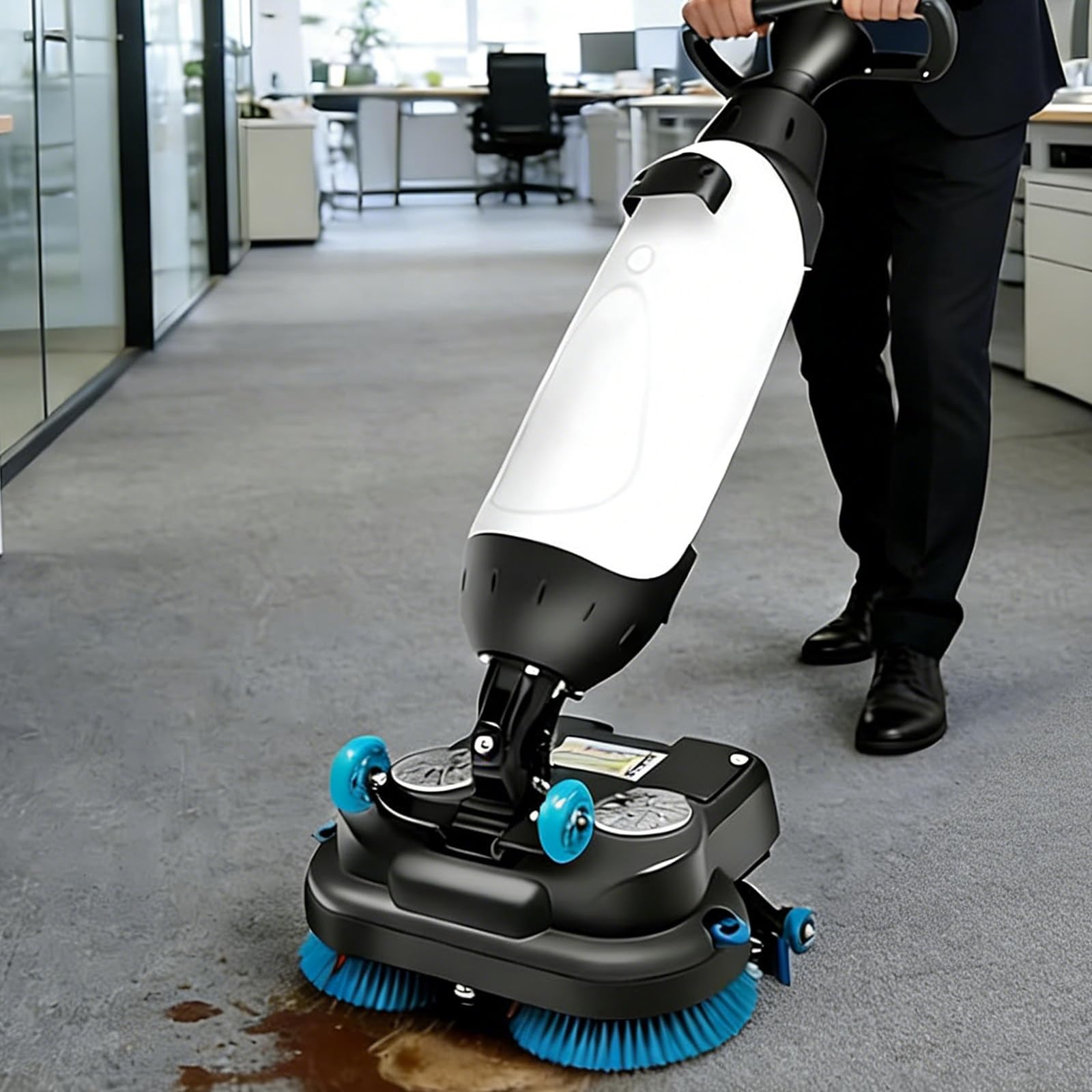 QJJML Cordless Automatic Floor Scrubber, 17" Commercial Floor Buffer Polisher, 3-in-1 Scrub Wash Dry, Dual Water Tank, Walk-Behind Floor Buffer for Offices Retail Restaurants White