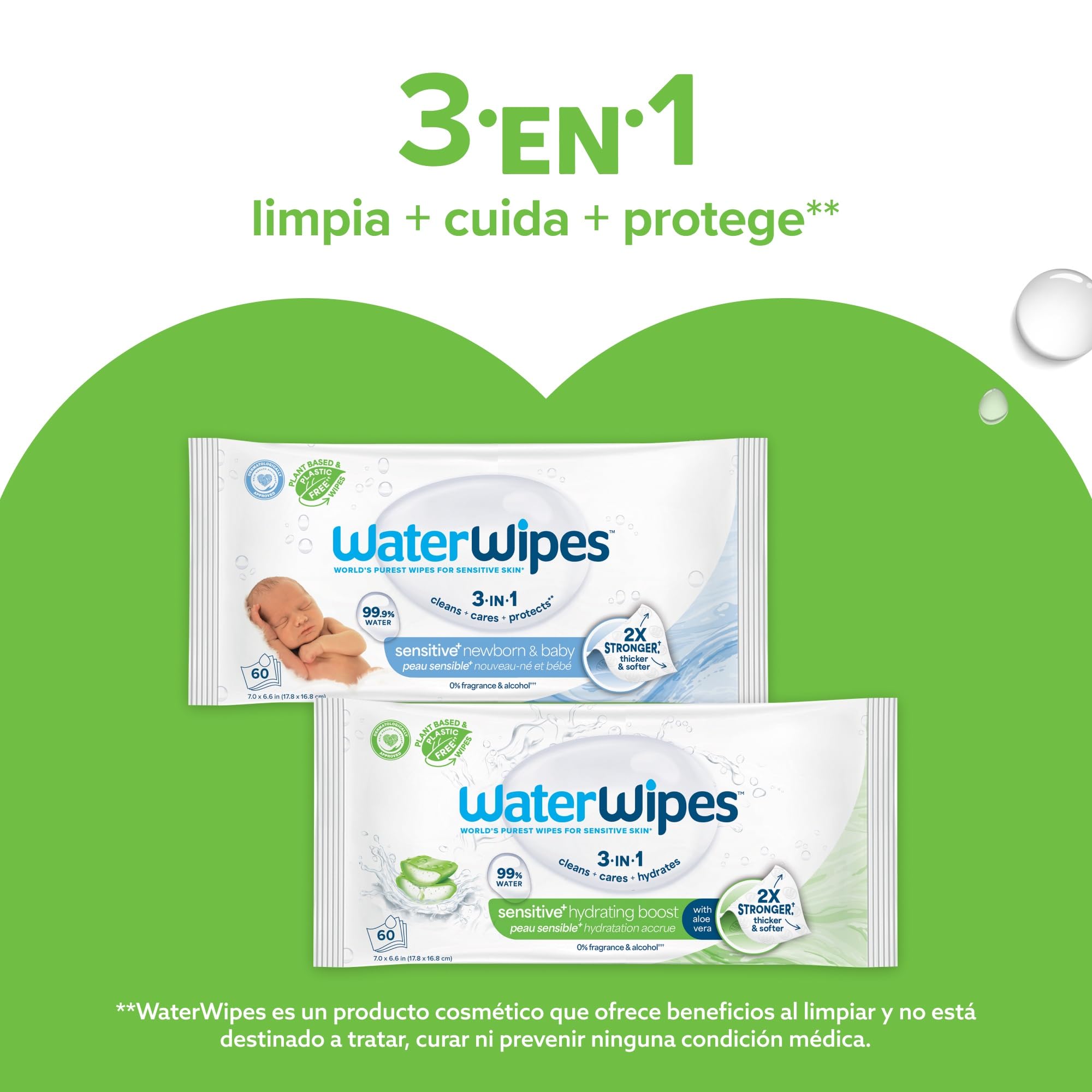 WaterWipes Sensitive+ Hydrating Boost Wipes, Toallitas Hidratantes, 360 unidades (paquete de 6), 3 en 1 Limpia, Cuida, Hidrata, 99% Agua con Aloe Vera, Toallitas sin perfume para bebés — view 6