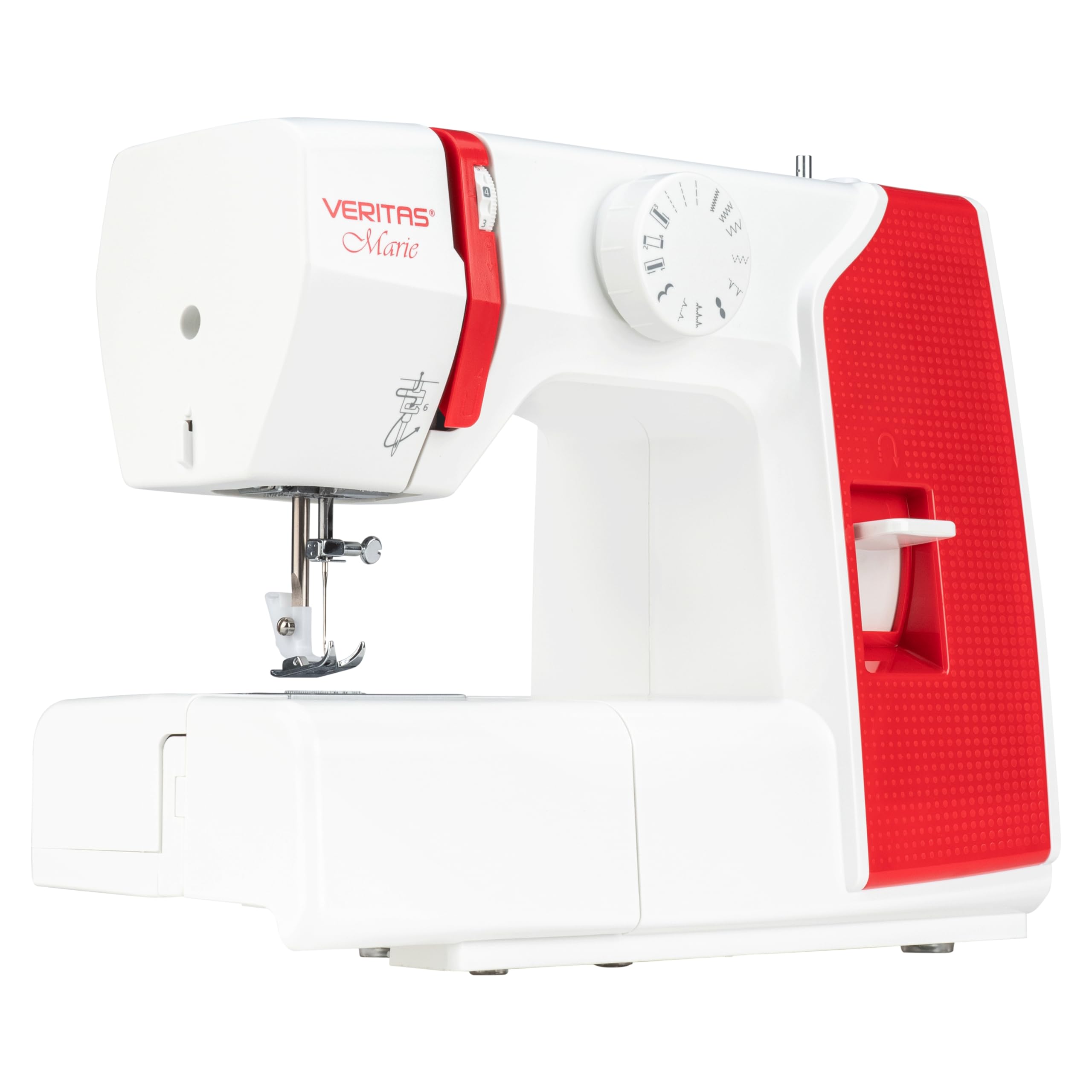 VERITAS Marie I Nähmaschine – 13 Stichprogramme, Auto-Fadenspannung, Fadenabschneider, LED-Nählicht, Snap-On Nähfußsystem, Zierstiche & Stretch-Stiche (weiß-rot)