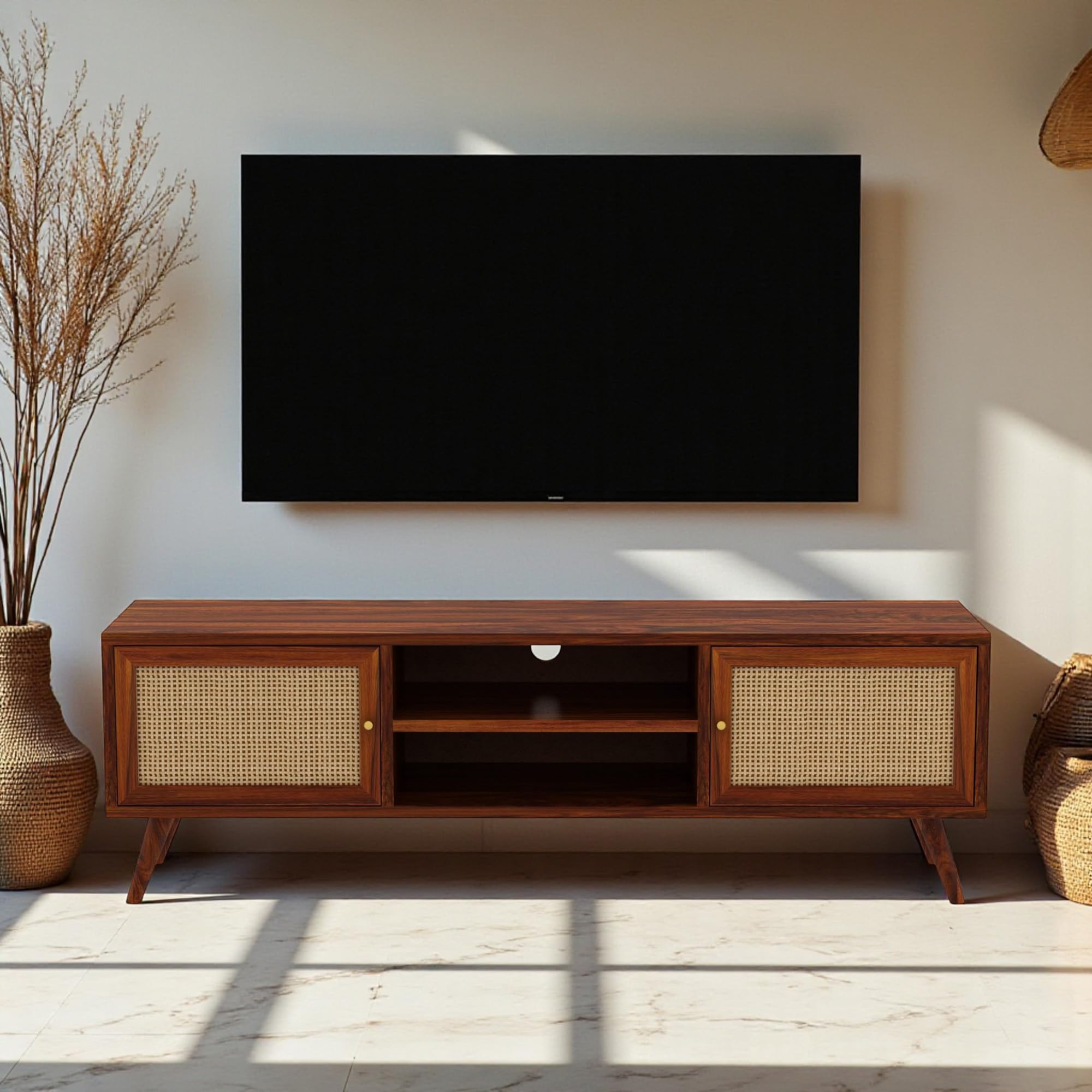 The Attic Janah TV Cabinet|Solid Wood Sideboard TV Cabinet for Living Room | Wooden Free Standing TV Unit Side Board Table with Storage|Honey Matte Finish