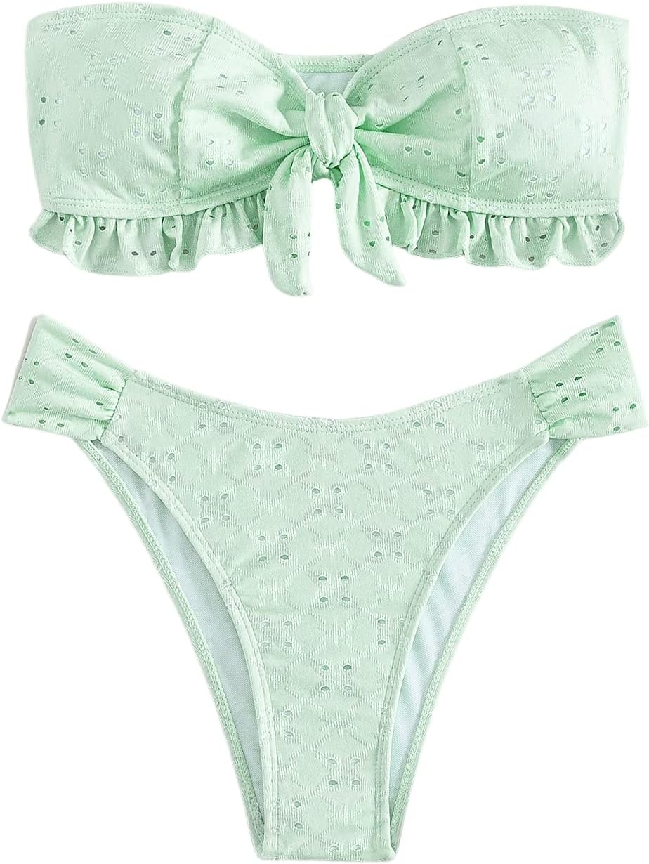 WDIRARA Women's Ruffle Knot Front Bandeau Bikini Set 2 Piece Strapless Swimsuit