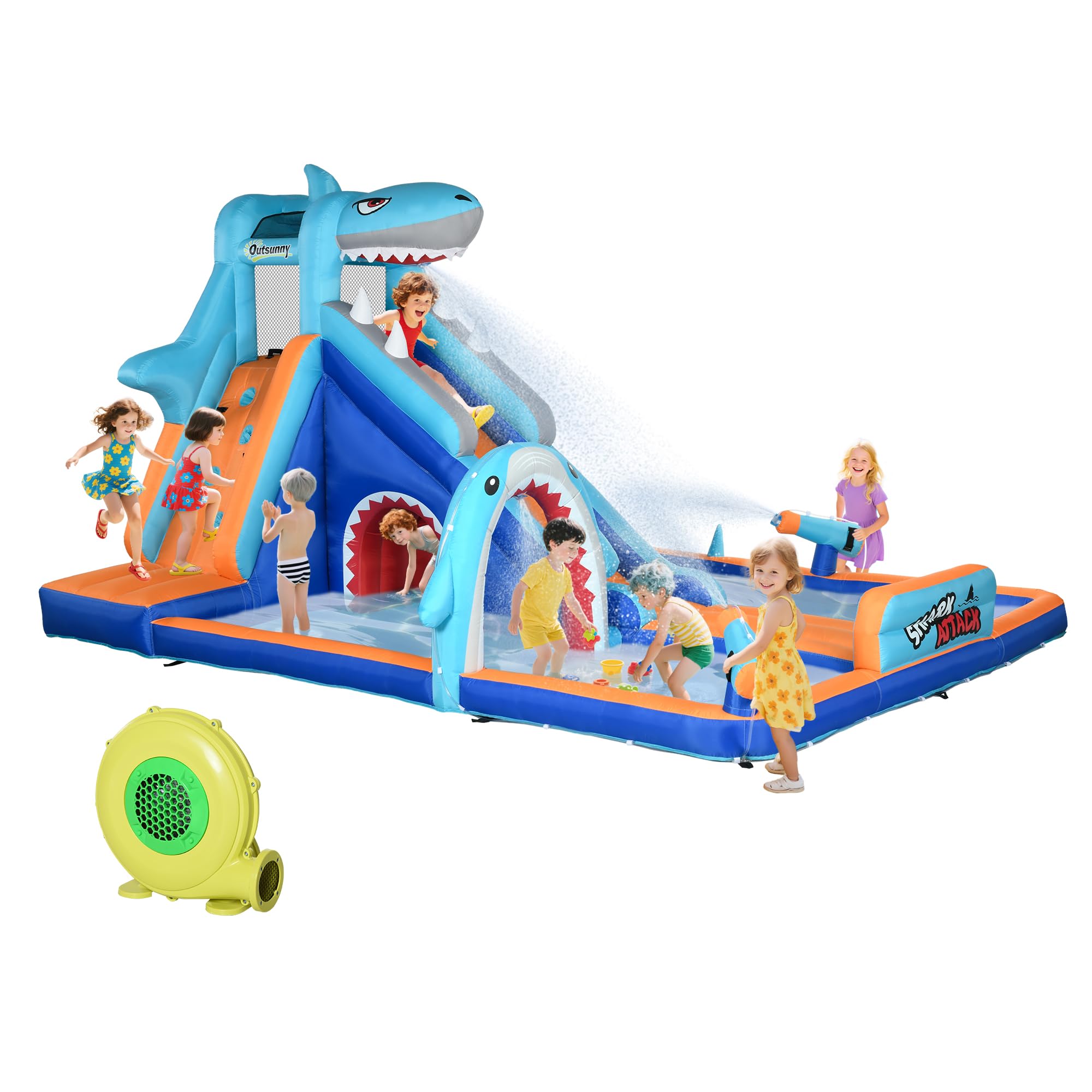 Outsunny Castillo Hinchable Infantil 6 en 1 Castillo Hinchable para Niños con Tobogán Piscina Muro de Escalada Cañón de Agua y Bolsa de Transporte Temática de Tiburón 440x350x240 cm Multicolor