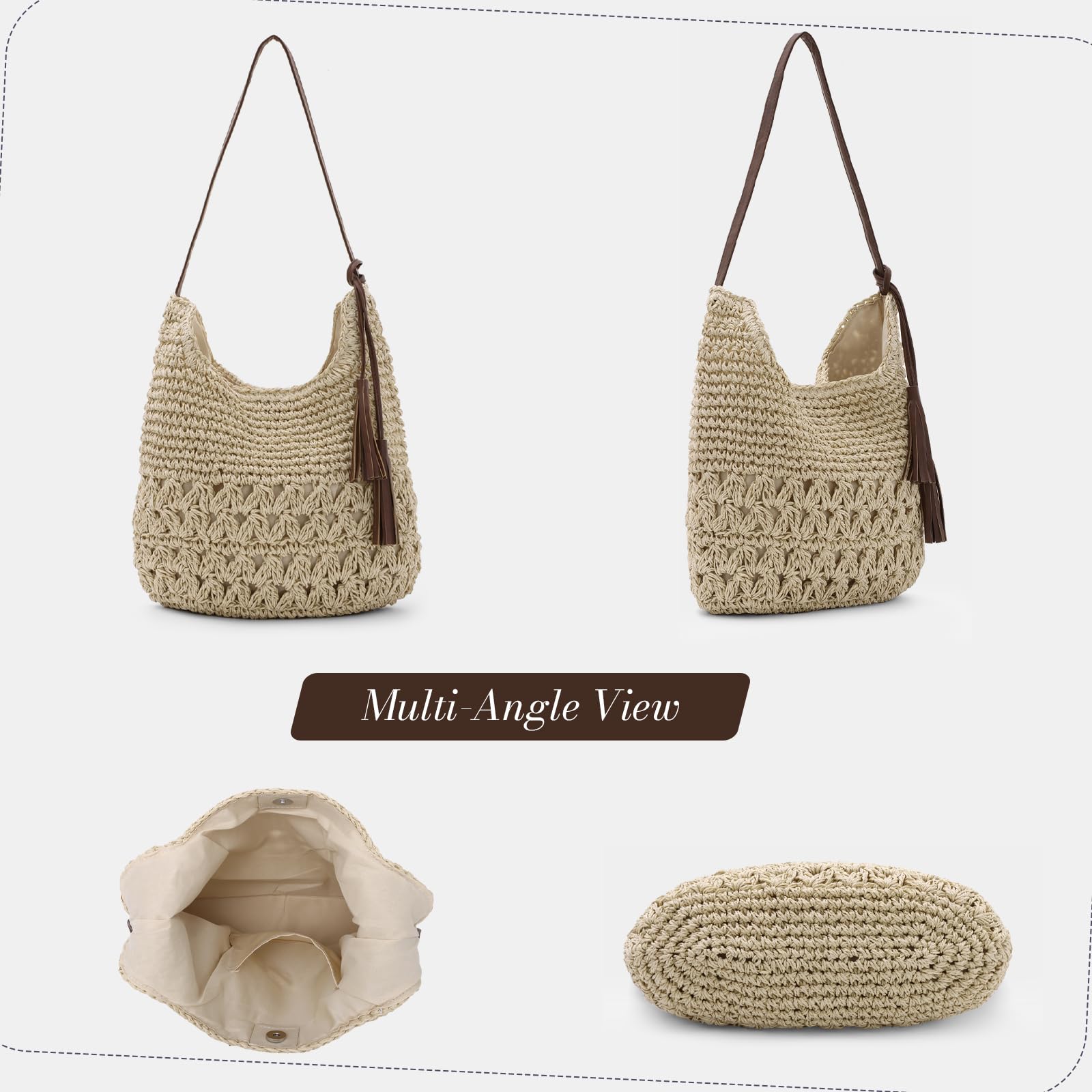 Femme Tissé en Paille Sac à Bandoulière Plage d'été Sac Fourre-tout Fait Main Au Crochet Sac Hobo Pour les Vacances