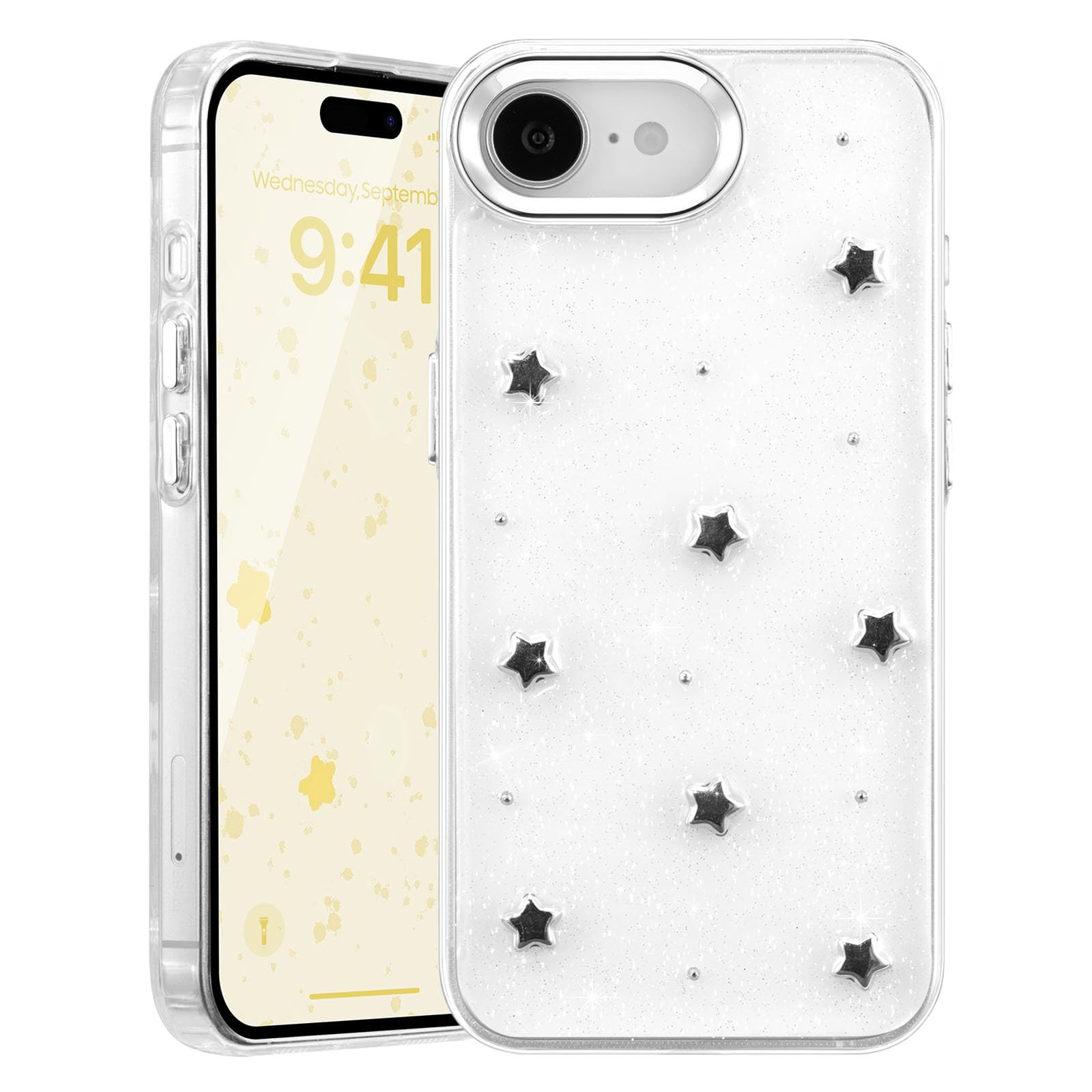 EYZUTAK Case for iPhone 16e, Bling Glitter 3D Stars Phone Case Cute Sparkly Crystal Clear Star Aesthetic Design Cover Slim Soft Durable TPU
