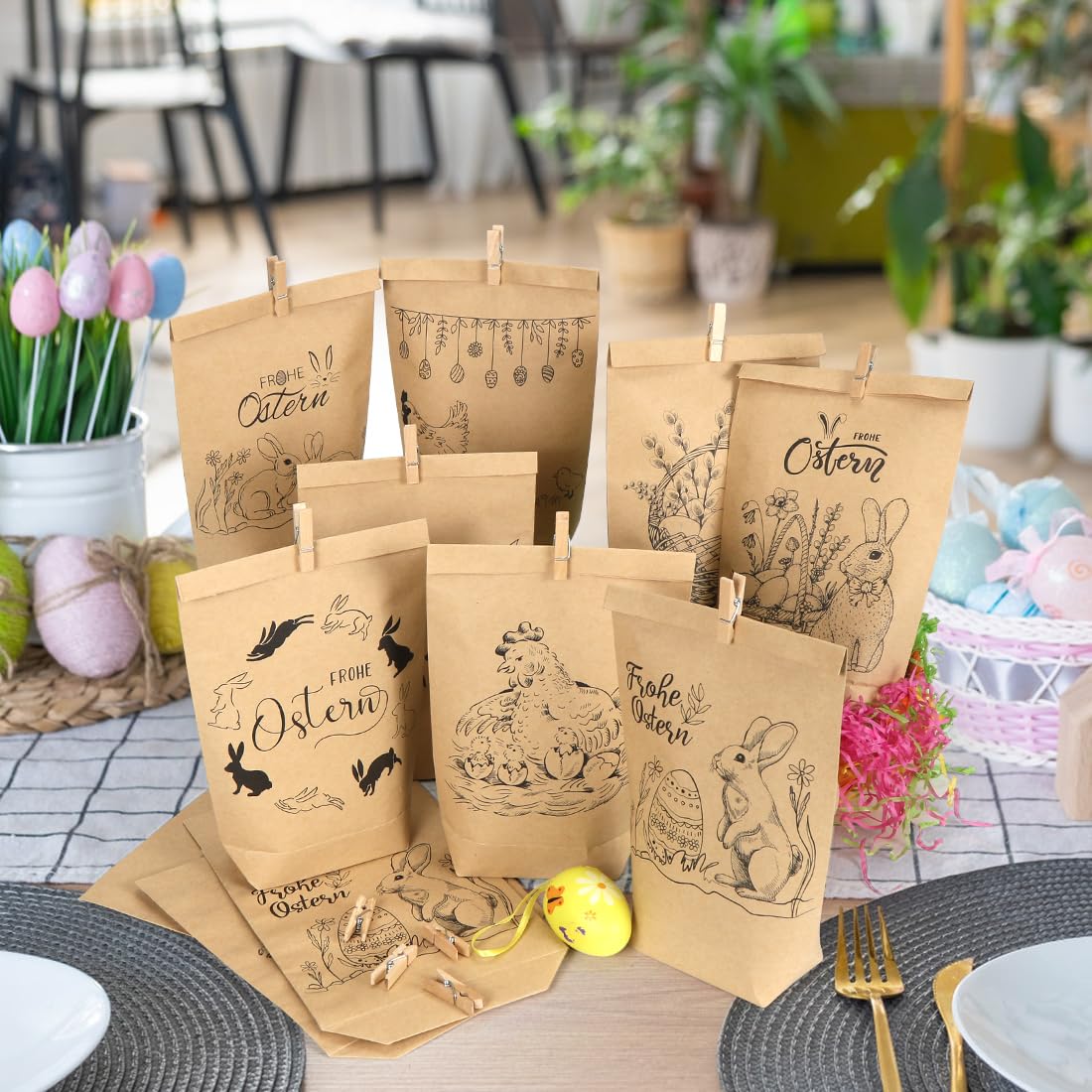 Papierdrachen 12 paashazen om zelf te knutselen en te vullen, creatief cadeau voor Pasen, met 12 papieren zakken, koord en pompons, voor kinderen