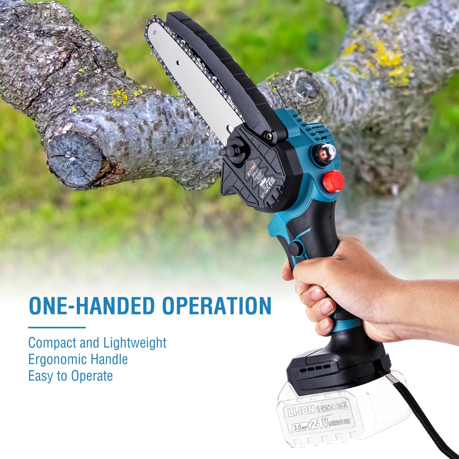KATSU FIT-BAT Motosierra Batería Brushless 21V 6 Pulgadas sin Escobillas con Cadena Adicional y Bomba de Aceite Manual, para Cortar Ramas de árboles Madera, sin Batería