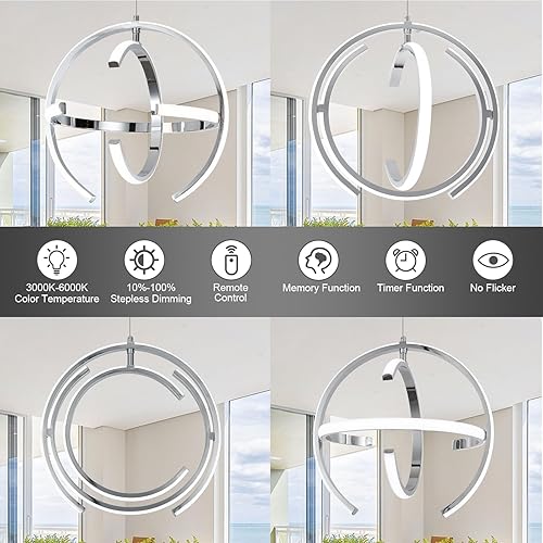 Miniatura 8 de Chrome Modern LED Pendant Light, Silver Dimmable Metal Globe Chandelier, Hanging Ceiling Light Fixture for Room Dining Bedroom Living Room Kitchen