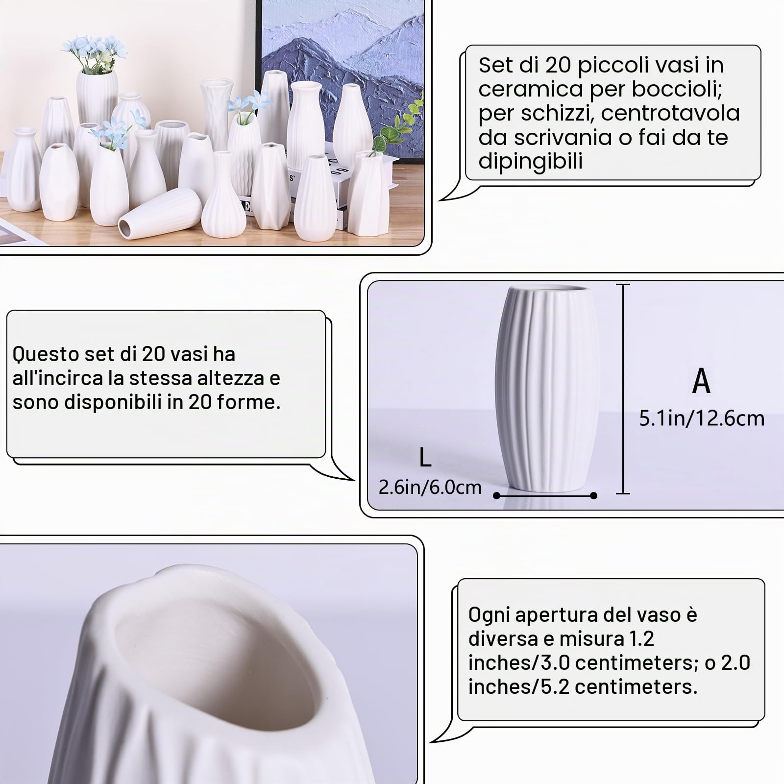LCCCK Set di 20 piccoli vasi bianchi per centrotavola da tavola, vasi in ceramica bianca verniciabile, mini vaso singolo per fiori, per matrimoni, decorazione per erba della pampa, vasi giapponesi in