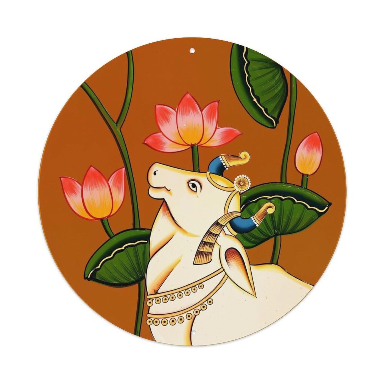 Cow Lotus Flower Art Design Retro Metal Sign Round Tin Sign, Vintage Decor Art Poster for Bar, Home, Man Cave, Kitchen, Laundry Room Gift 8x8Inch