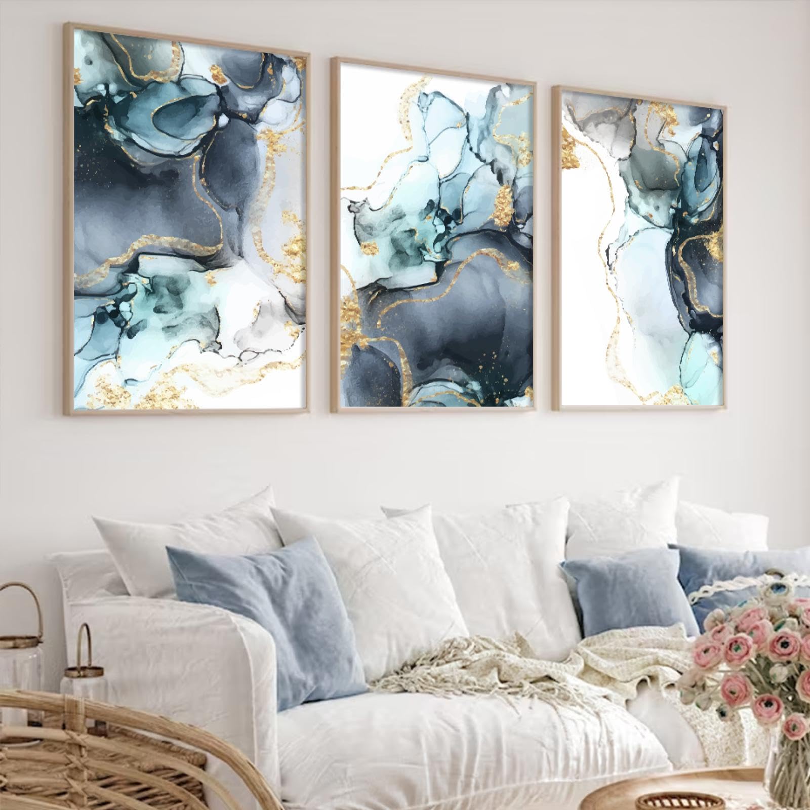 KEBIA Azul Negro Tinta Dorada Galería Abstracta Pósteres Arte de la Pared Pintura en Lienzo Impresiones Imágenes para Sala de Estar Dormitorio Hogar Decoración de Pared 70x100cmx3 Sin Marco