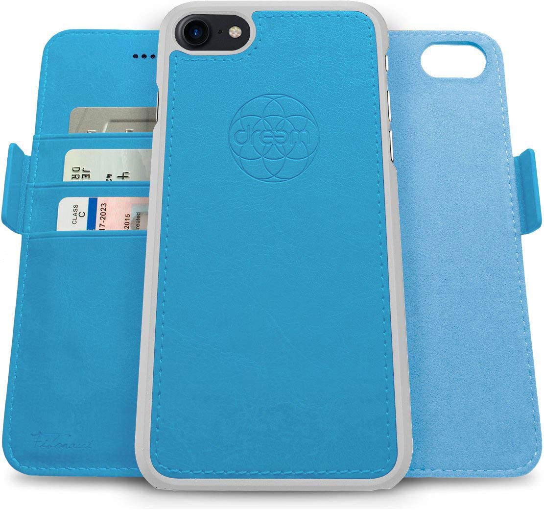 DreemFibonacci 2-in-1 Wallet Case for Apple iPhone SE 3 (2022), SE 2, & 8/7- Luxury Vegan Leather, Magnetic Detachable Shockproof Phone Case, RFID Card Protection, 2-Way Flip Stand - Sky