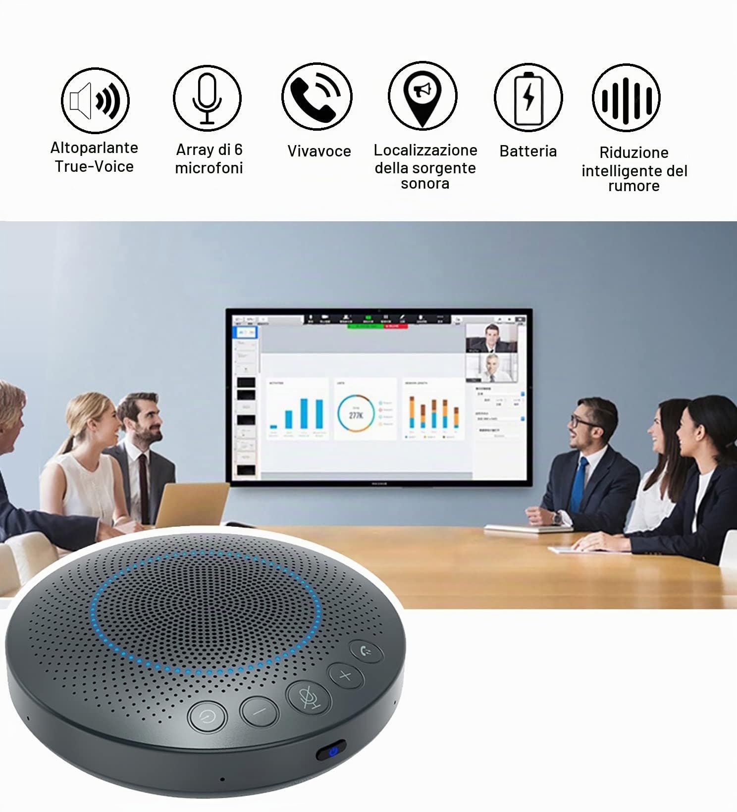 BluePod - Altoparlante e microfono per conferenze wireless, Bluetooth e USB, funzione VoiceLoc e VoiceCap con 6 microfoni omnidirezionali, per sala riunioni o telelavoro