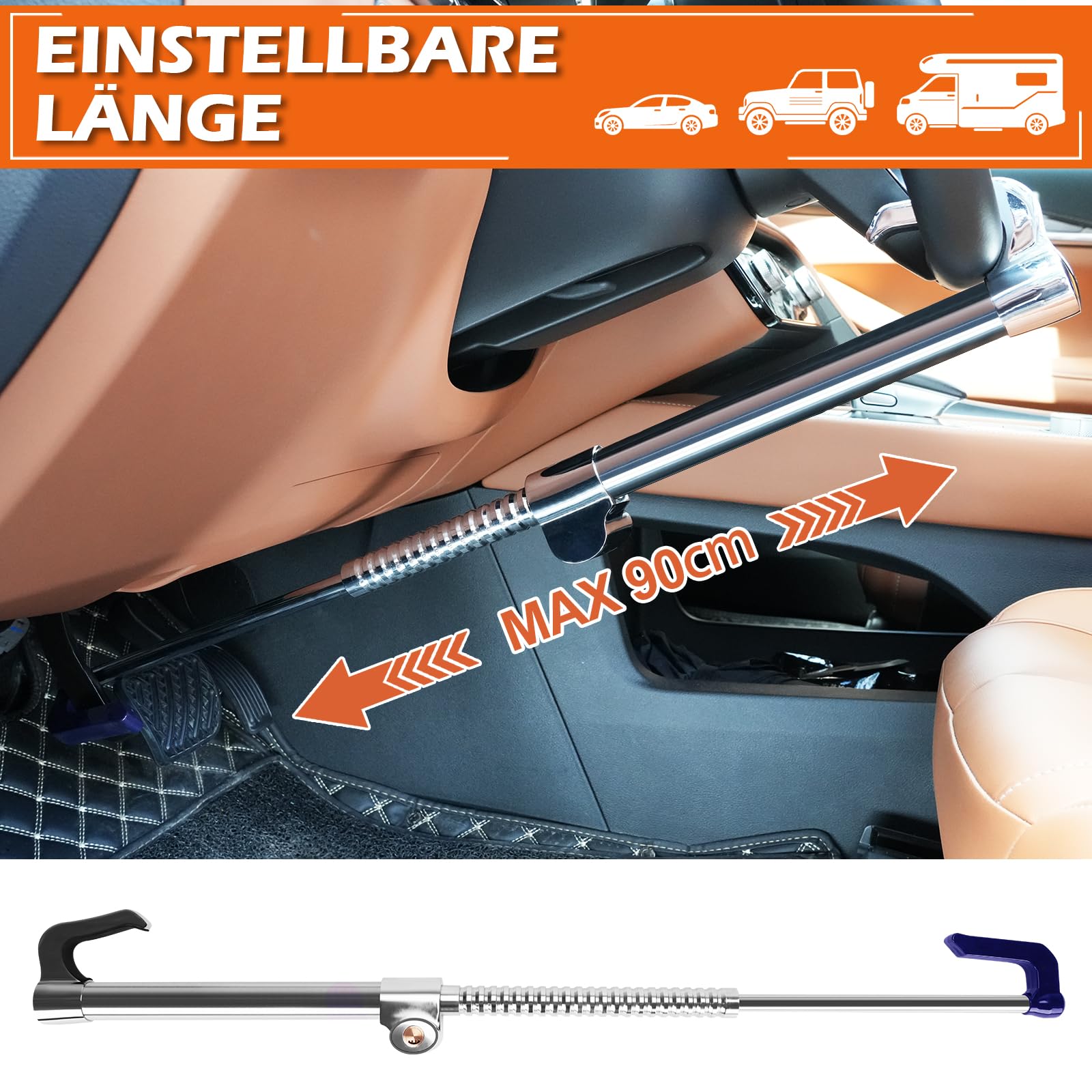 Tevlaphee Auto Lenkradschloss Bremspedal Kupplungsschloss Versenkbarer Haken Universelle Diebstahlsicherung Für Van Auto SUV Lkw Lkw Schwere Auto Auto Sicherheit mit 3 Schlüsseln Max Länge 92cm