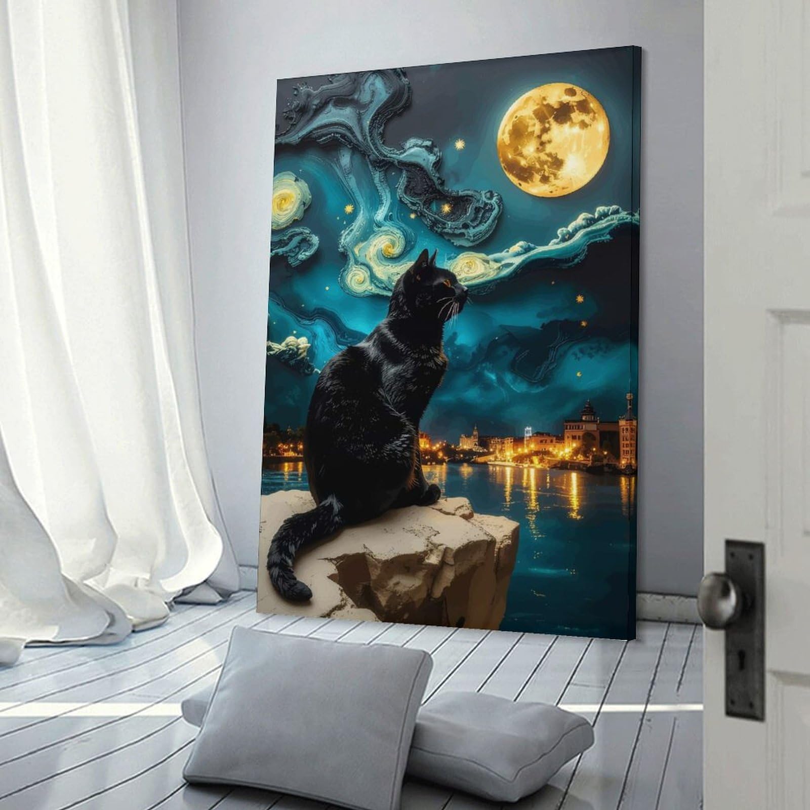 Junmoney Canvas Art Print Black Cat Under Starry Night Sky, 24x36inch(60x90cm), for New Homes, Bedrooms Or Workspaces, Thoughtful Wall Decor for Art Lovers