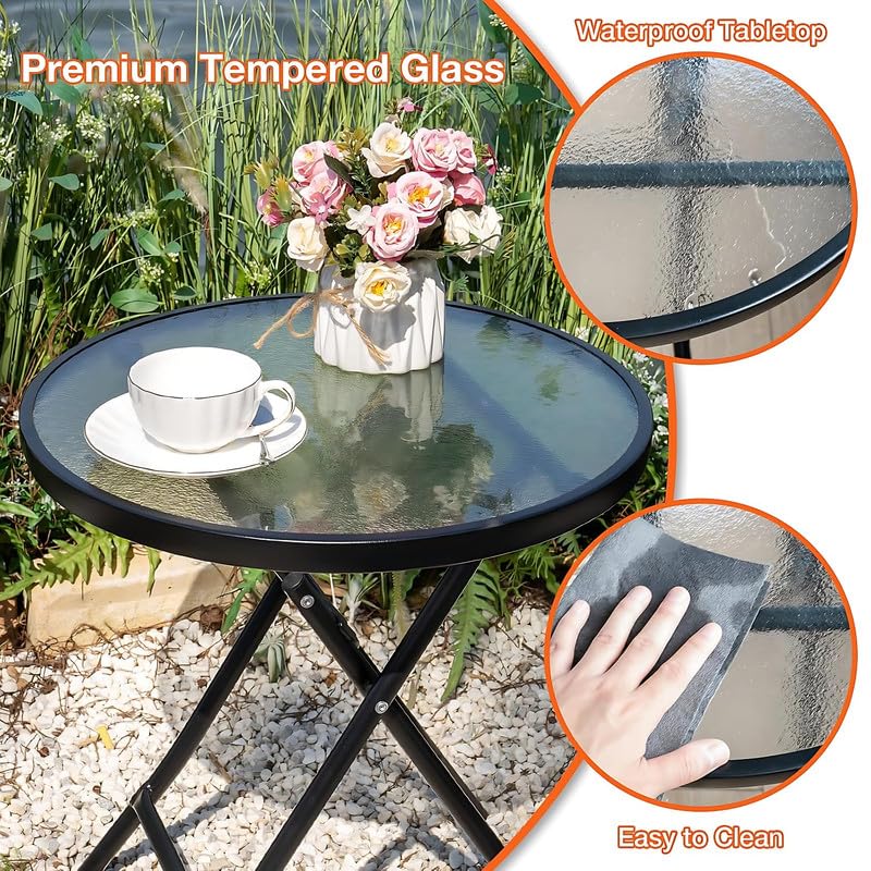 Image of Round Outdoor Tempered Glass Top Dining Table - Modern Foldable Patio Coffee Bistro Table for Garden, Balcony, Lawn, Backyard, Terrace, Deck or Poolside Use (1Pcs)