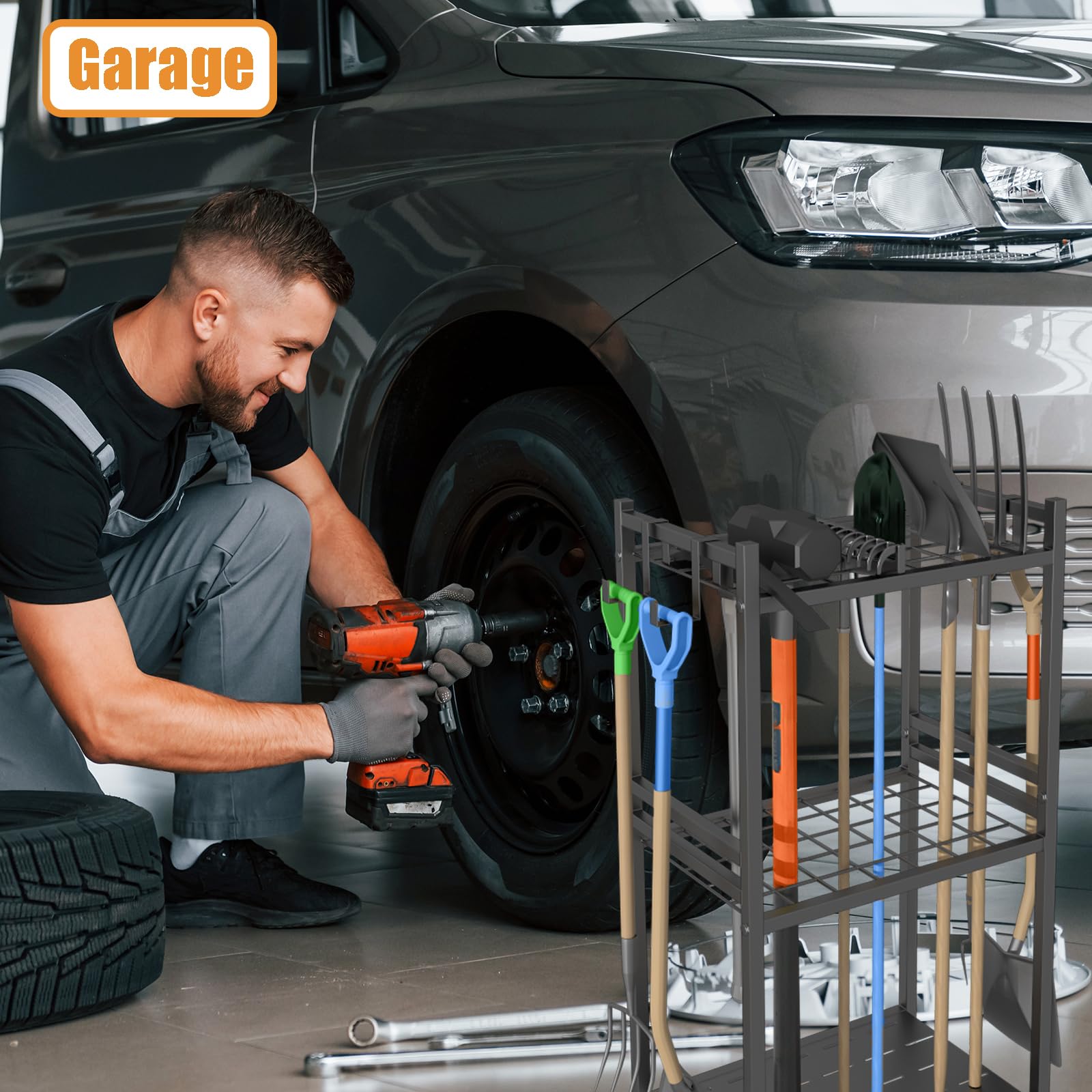 Gartenwerkzeug Organizer mit 4 Haken, Metall Gartengerätehalter für Besen Mop Rechen Schaufel, Gartenwerkzeug aufbewahrung für Garten und Garage Garagen, garten organizer (schwarze, 42x30x80 cm)