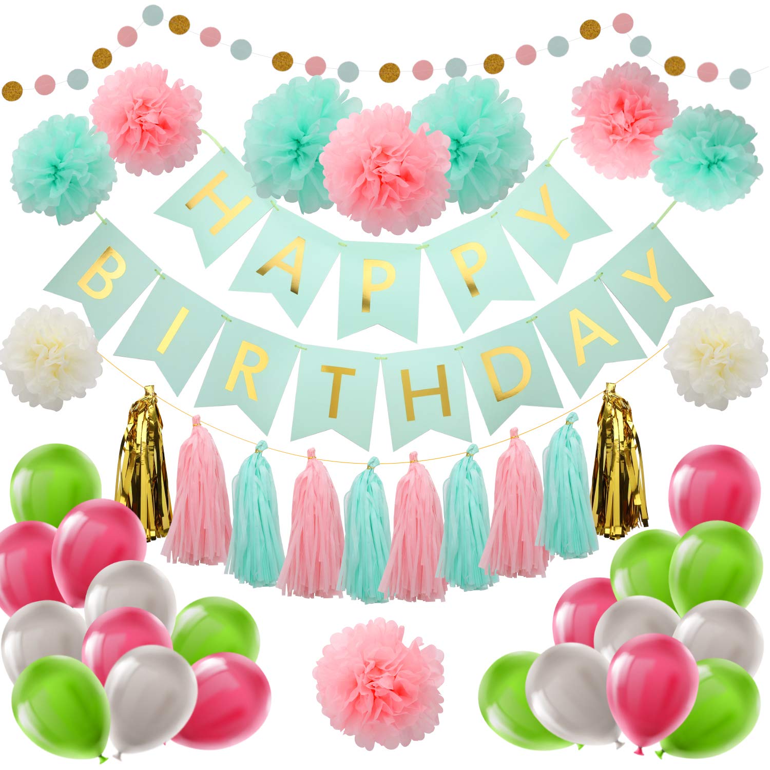 Zooawa Happy Birthday Banner, [42PCS] Valentine Decor Birthday Party Decoration Set, Tissue Paper Flowers Garland Balloons 18th 20th 30th 40th 50th 60th 70th for Party Supplies - Pink & Green