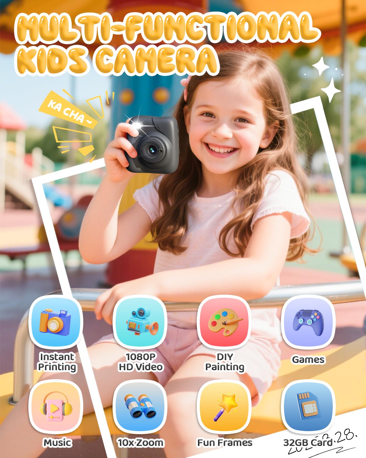 CAMCLID Macchina Fotografica Bambini Istantanea, 1080P HD Macchina Fotografica Istantanea 48MP con Scheda da 32 GB e 3 Rotoli di Carta da Stampa, Regalo per Ragazze Ragazzi da 3-12