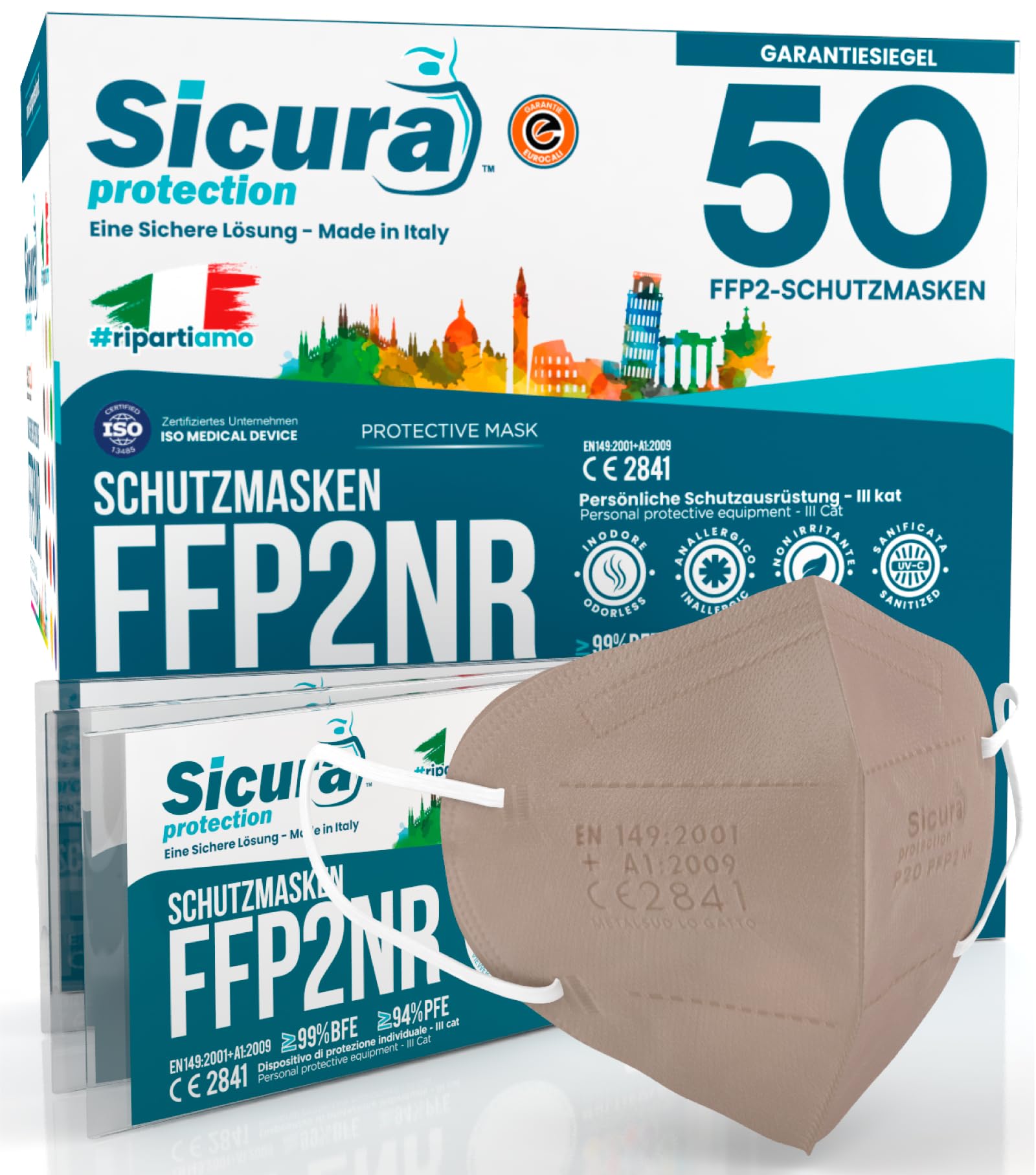50 FFP2 Masken CE zertifiziert Farbig TURTELTAUBEN SICURA Italien BFE ≥99% Made in Italy sanitisiert und einzeln versiegelt FFP2 Masken