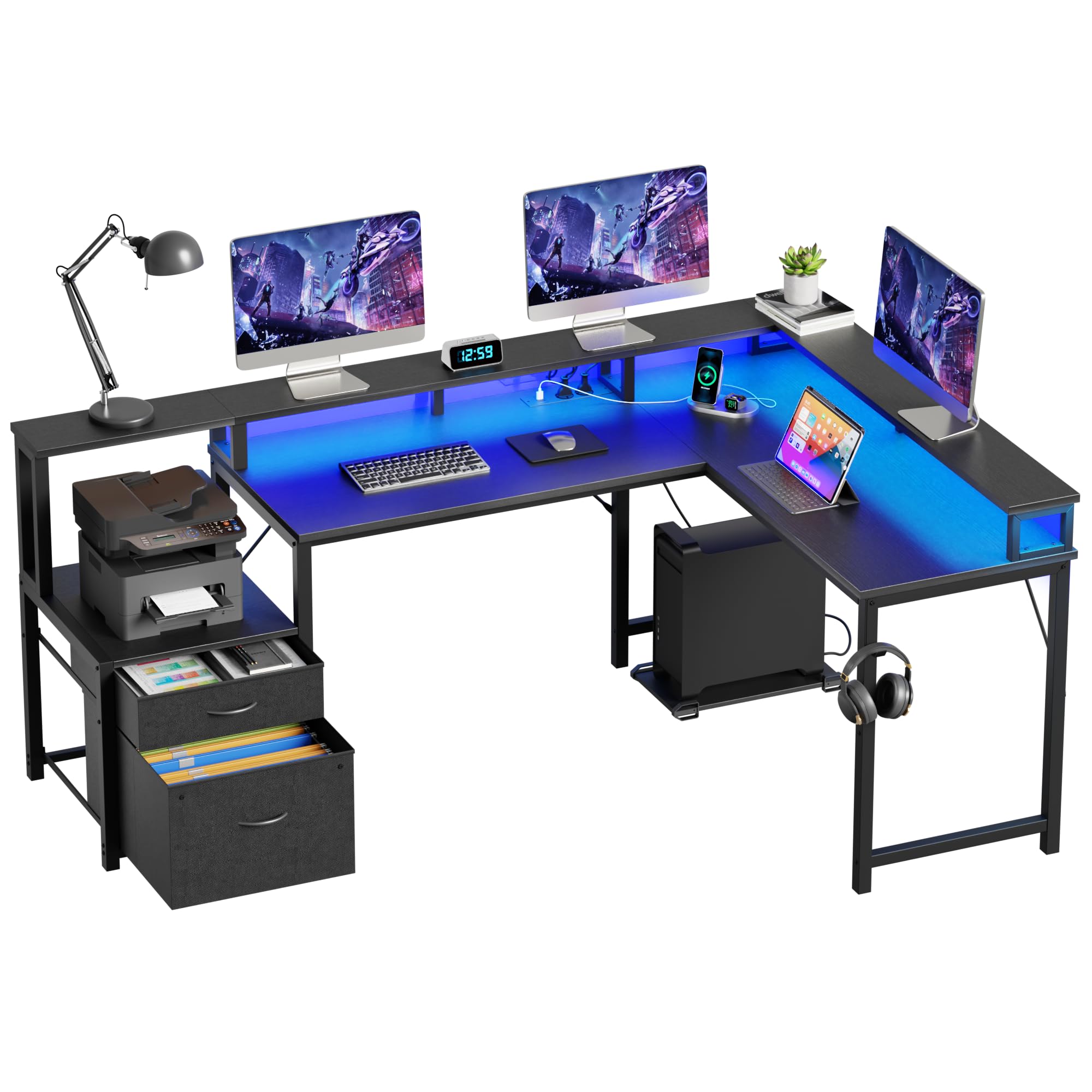 YOUDENOVA Bureau Gaming LED Bureau d'angle avec Tiroirs Bureau d'Ordinateur 168x100cm Table Gamer avec Prise Intégrée & Port USB Table Gaming avec Support d'écran Noir