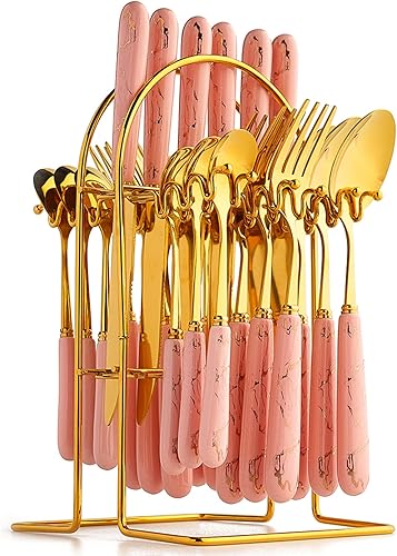 Juego de 24 piezas de cubiertos de metal dorado, con mango de cerámica para 6, juego de utensilios de cocina, vajilla, filetes, cuchillo, tenedor,