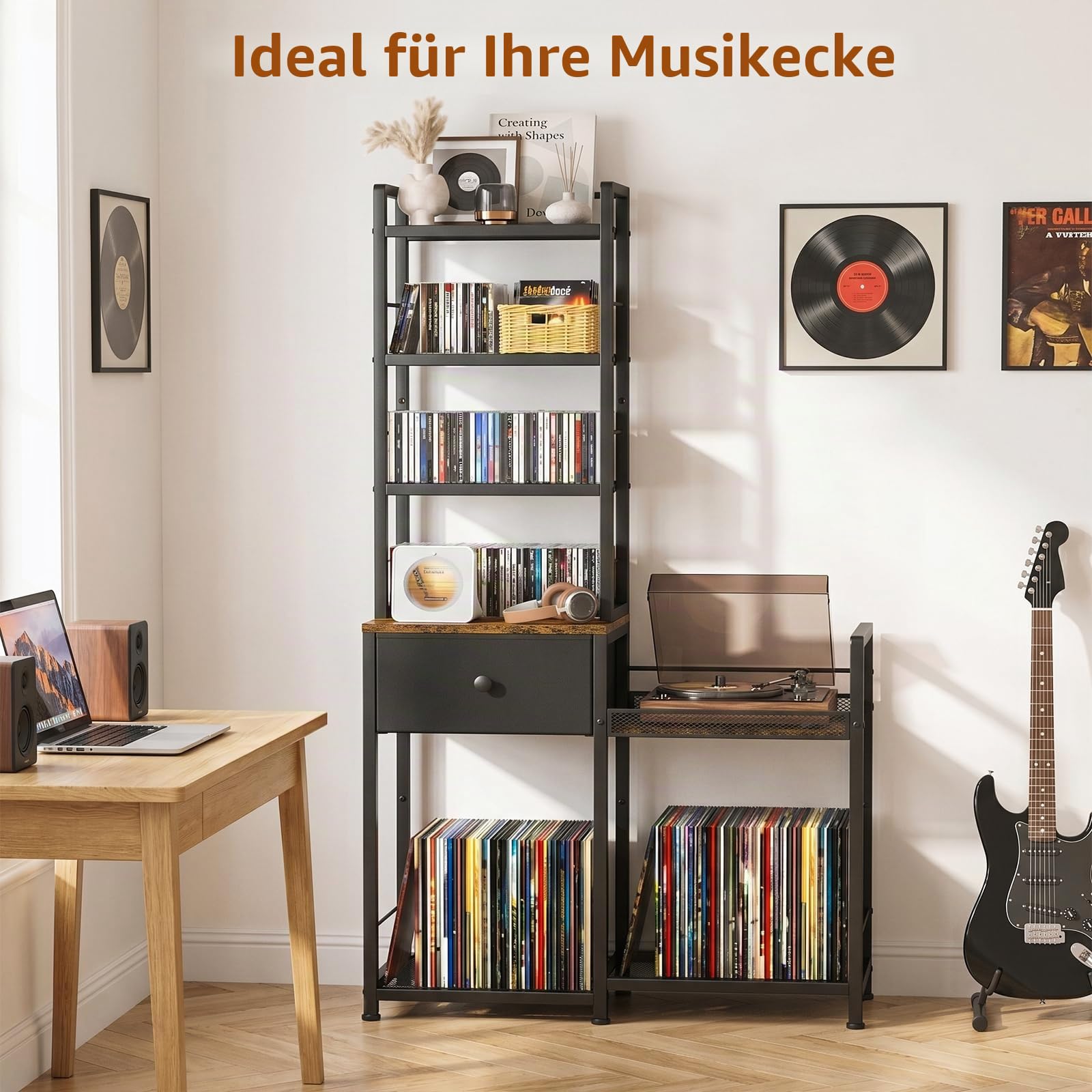 ikkle CD-Regal mit Schallplatten Regal – 7 Stufen DVD Regal mit Schublade & Plattenspielerständer, für 150 DVDs oder 300 CDs, 75 Schallplatten, Bücher, CD-Ständer für Wohnzimmer, Schlafzimmer & Büro