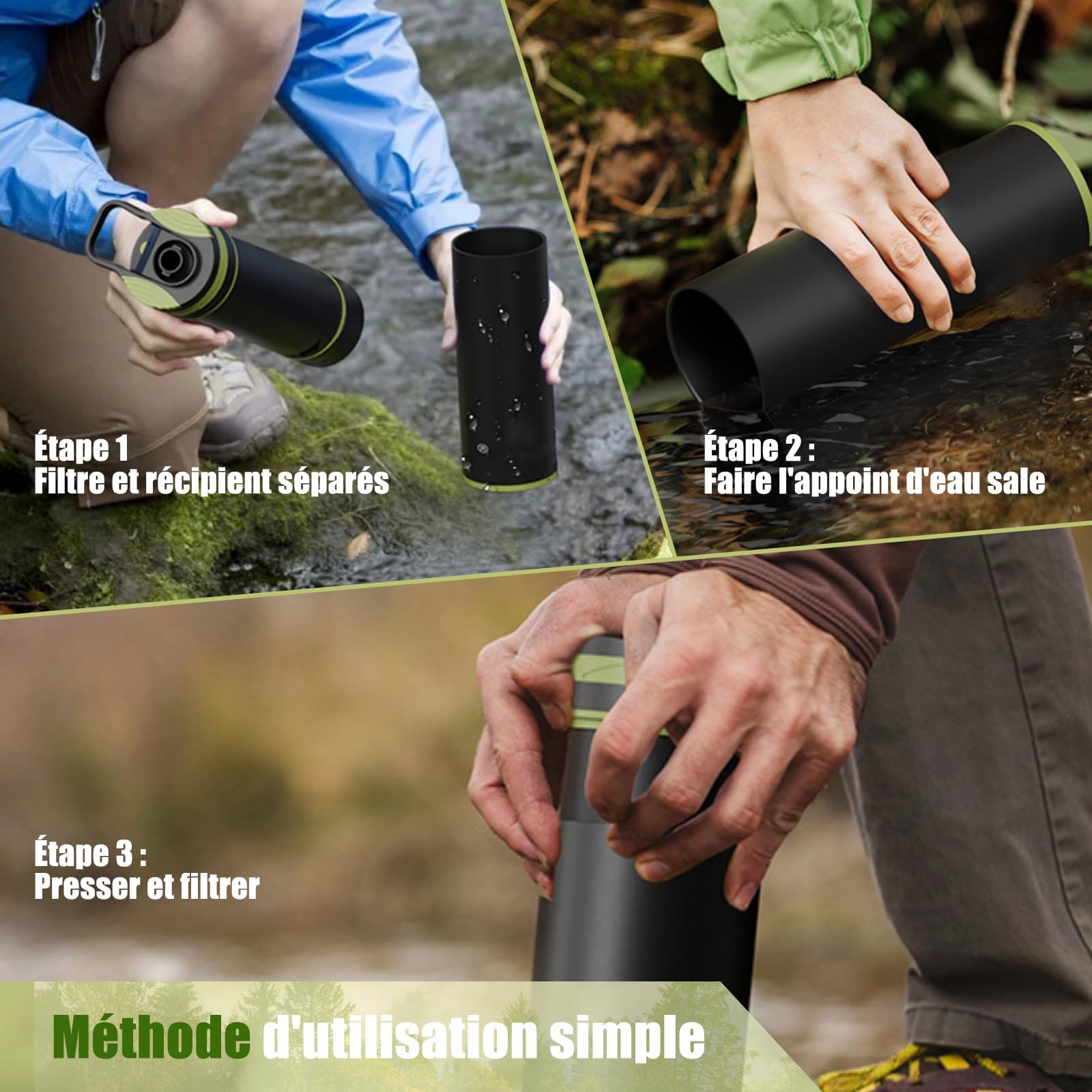 Gourde filtrante eau non potable [780 ml] gourde filtrante,avec une capacité de filtration de 10000 L I élimine 99,99% des bactéries, virus, particules et métaux lourds Voyage Randonnée [Vert]