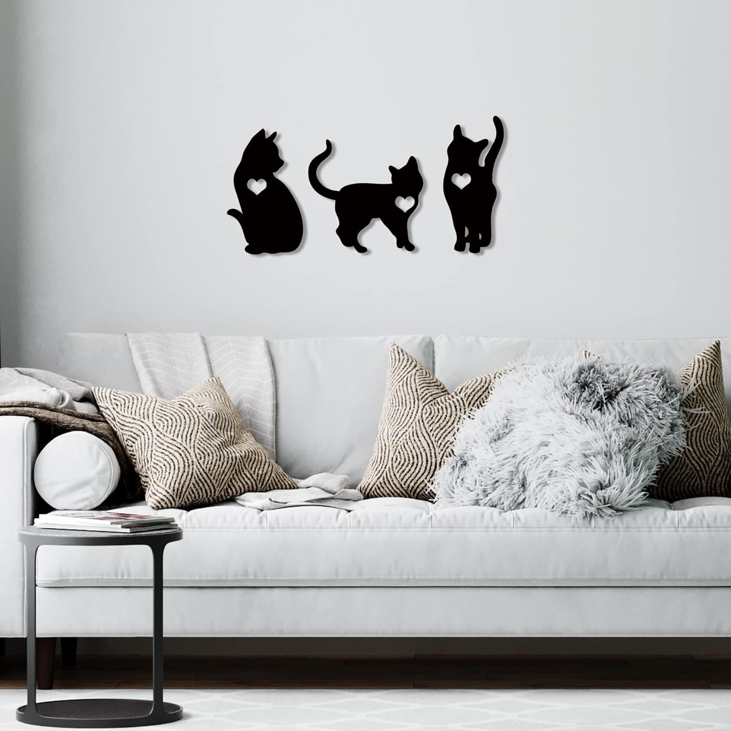Black Cat Wall Decor Set of 3-11x30 Inch Cat Silhouette Wall Art with Heart - Engineered Wood Cat Decor for Living Room Bedroom Office Nursery - Cat Lover Housewarming Birthday Gift