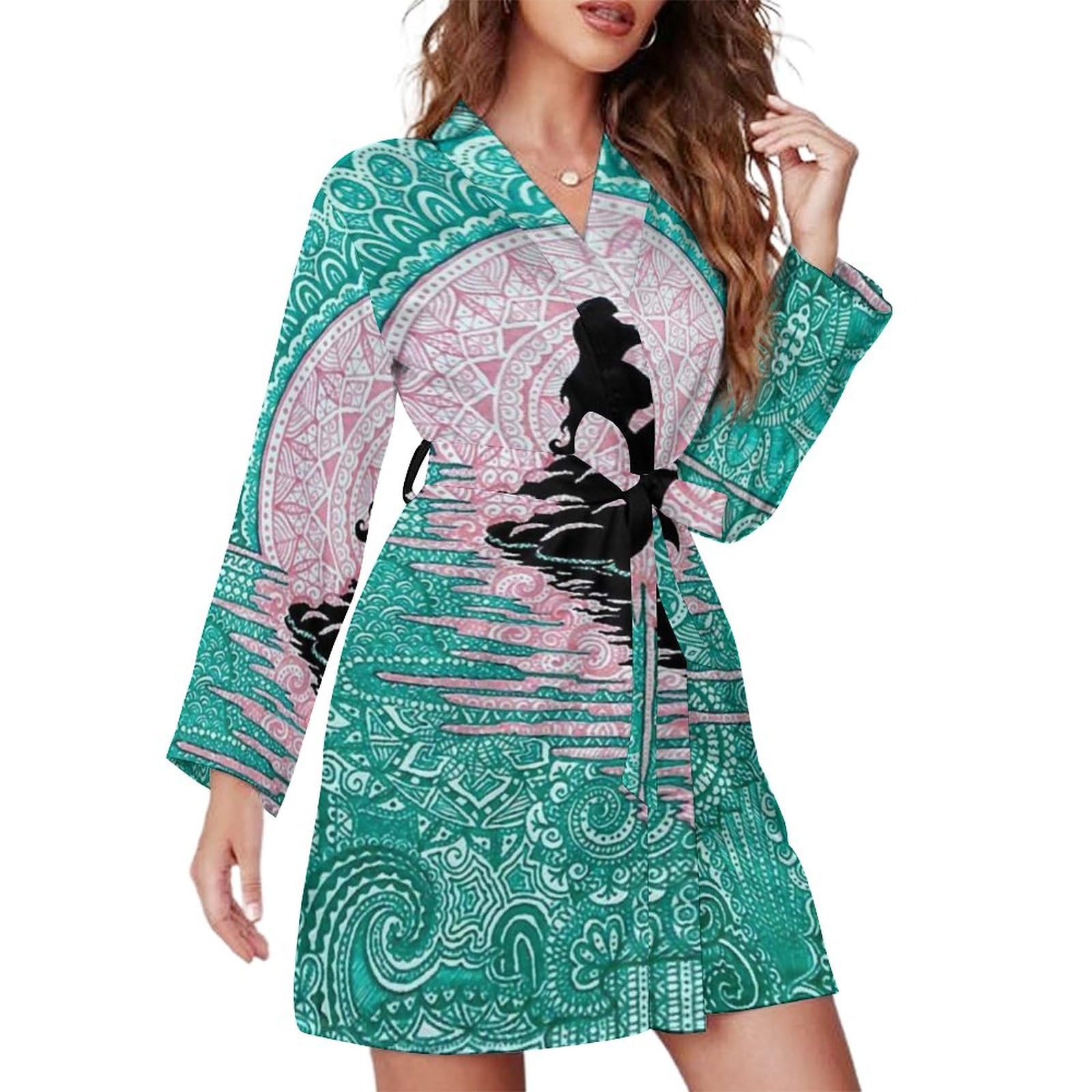 Gqwjksz Women's As Pic A Mermaid Reflected In The Sea Bathrobe Knee Long Spa Robe Nightgown Shawl Collar Lightweight Robes