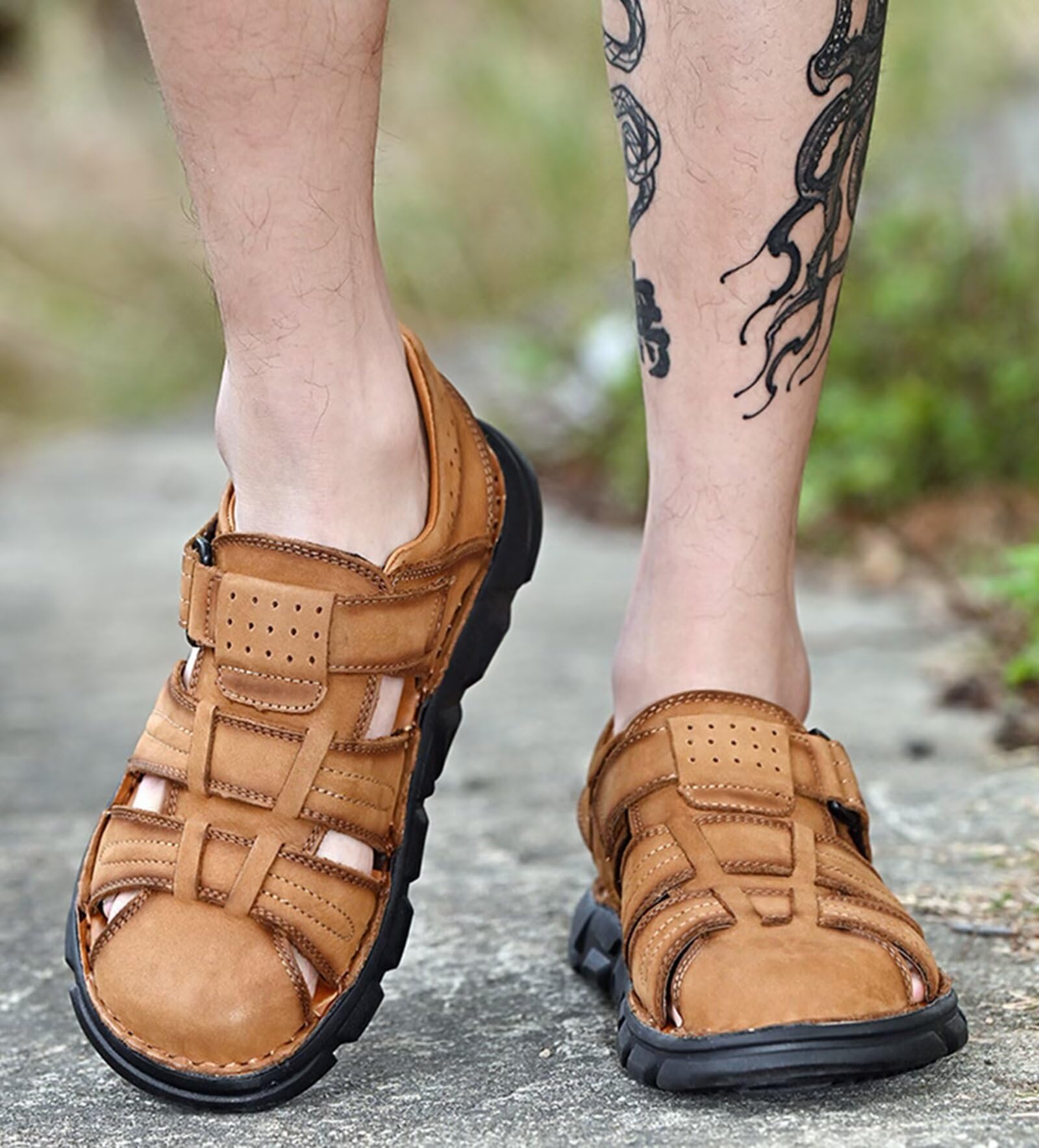 Rivccku Sandalias de Cuero con punta cerrada para hombre,Sandalias deportivas al aire libre 38-48