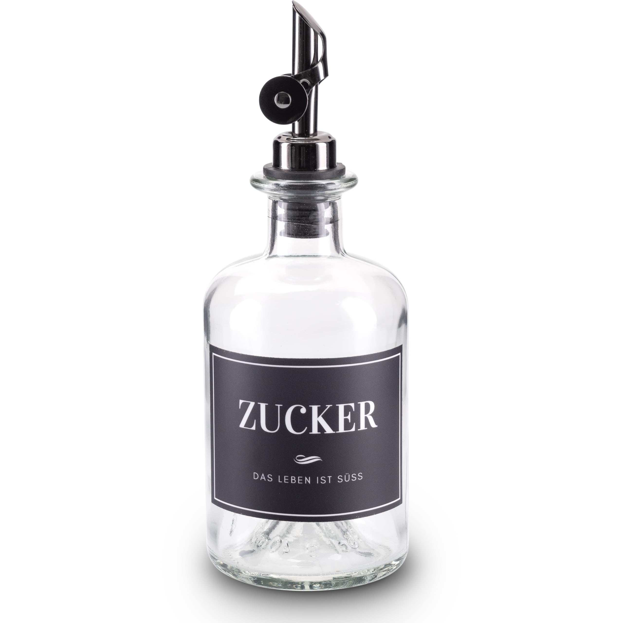 Lifestyle Lover Zuckerstreuer, Glas 350ml Flasche, Dosierer aus Edelstahl, ideal für weißer/brauner Zucker, Kakao (Zucker)