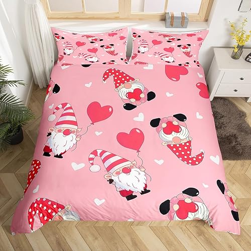 Manfei Juego de funda de edredón para niños, tamaño Queen, romántica funda de edredón de gnomo del día de San Valentín con 2 fundas de almohada,