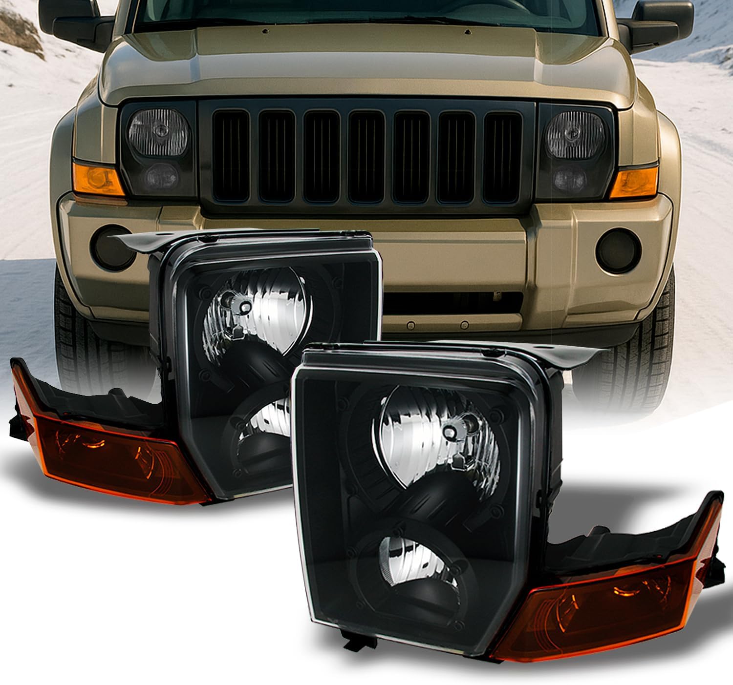 For Jeep Commander SUV Amber Black Replacement Headlights Driver/Passenger Head Lamps Pair New