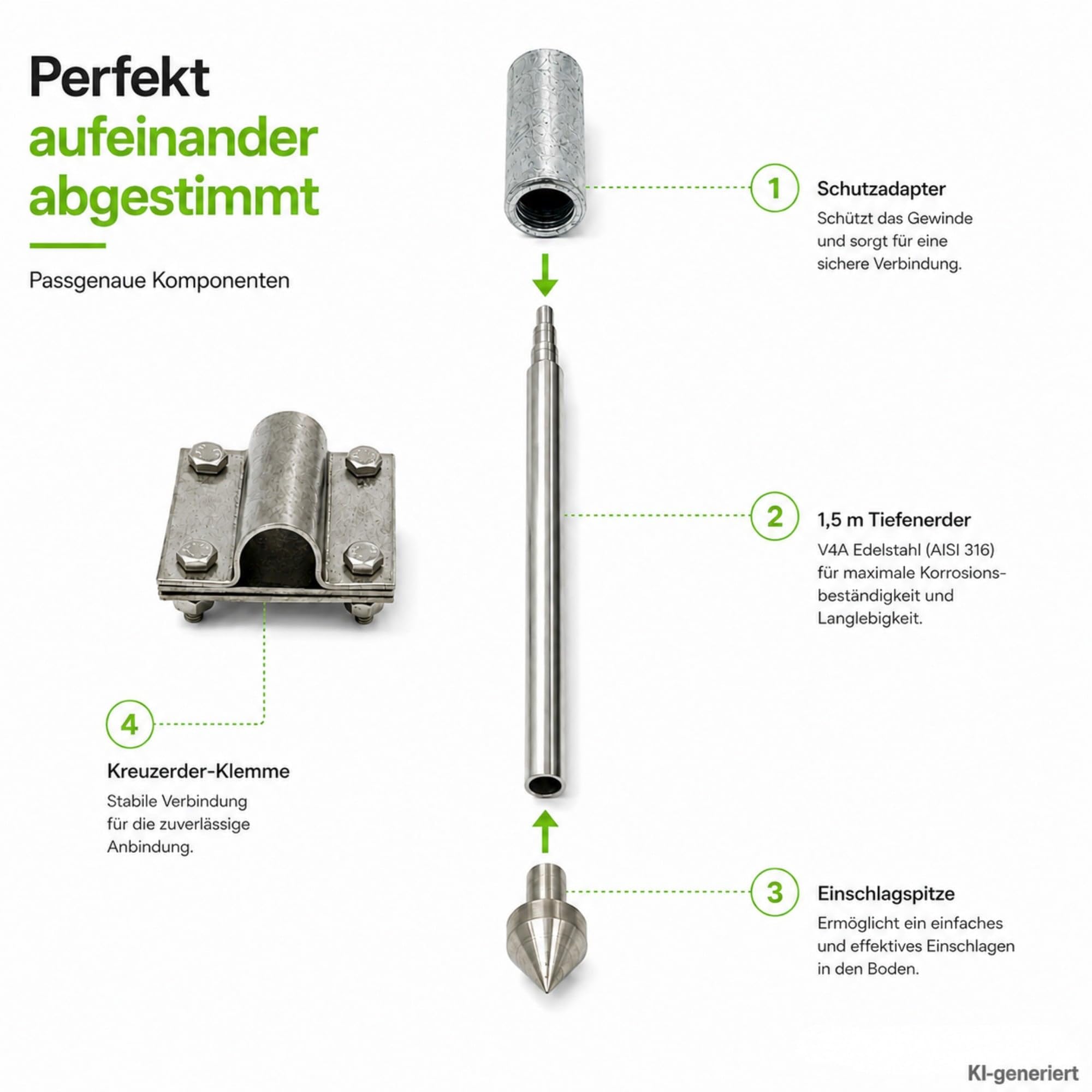 Offgridtec Tiefenerder V4A Set 1,5 m – Erdungsspieß Ø20 mm aus Edelstahl inkl. Einschlagspitze, Kreuzerder-Klemme & Schutzadapter – Erdungsstab für Blitzschutz, Erdungssysteme und PV-Anlagen