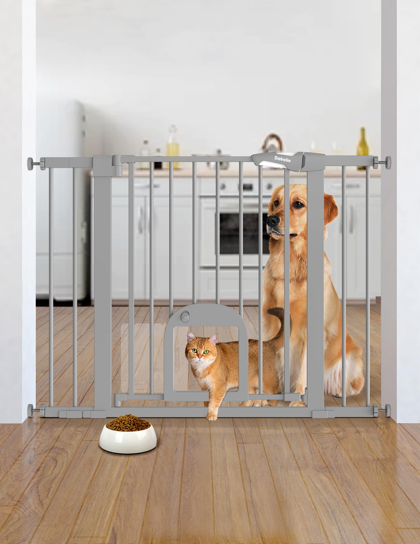 BABELIOUpgraded Baby Gate with Cat Door, 29-43" Auto Close Durable Dog Gate for Stairs, Doorways and House, Easy Walk Thru Safety Gate with Pet Door Includes 4 Wall Cups, Gray