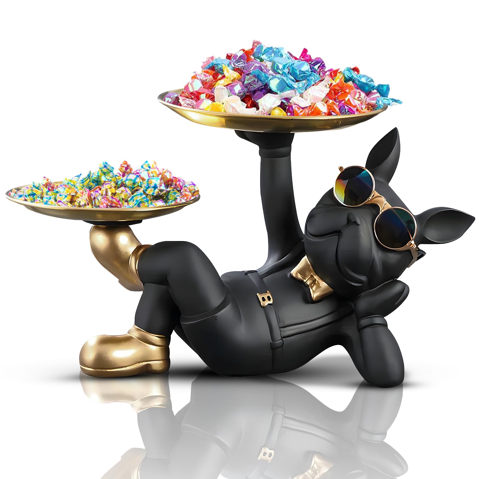 Huhote Black French Bulldog Statue,Resin Bulldog Decor With Tray, Candy Dish Key Holder Bowl Storage Ornament Sculpture For Home Decor,Accessories For Office Desk Figurines Entryway Table Decor (Lying,)