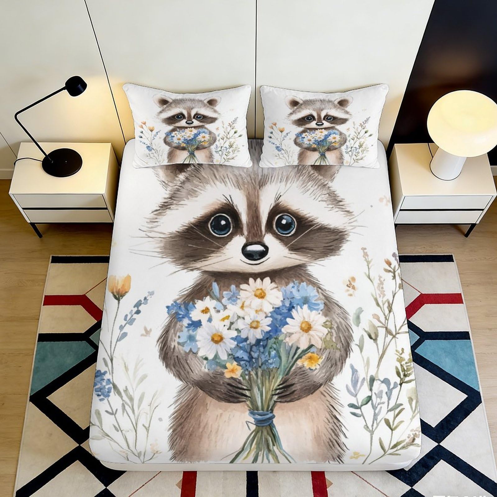 3D Printed Raccoon Bouquet Fitted Sheet Microfiber Non-Slip Deep Pocket Raccoon Mattress Fitted Cover for Adult Bedding 140x200x25cm