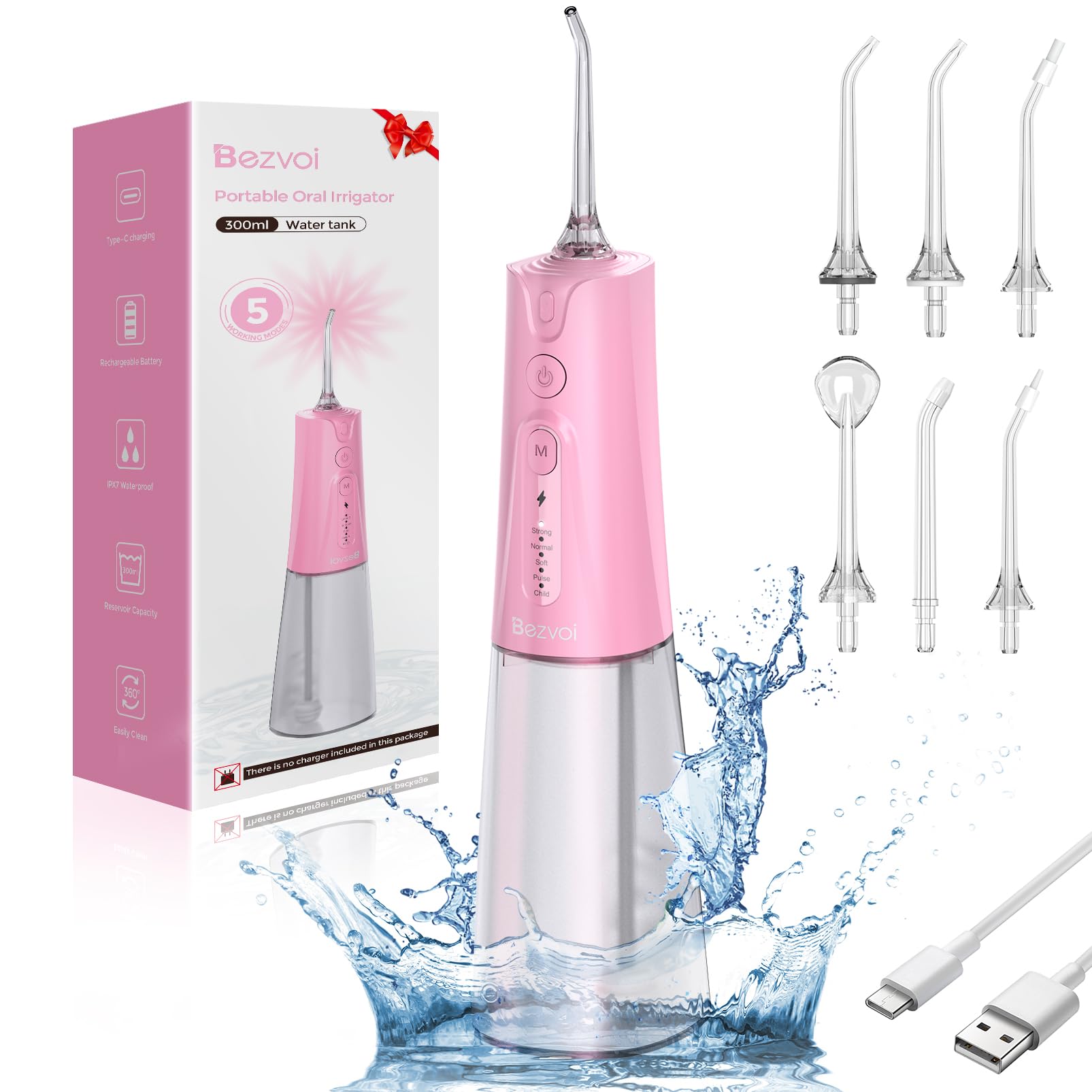 Water Flosser for Teeth Cordless: Oral Irrigator with 5 Modes, 300ML Water Tank IPX7 Waterproof Electric Tooth Cleaner, Water Floss with 6 Tips for Gums/Braces/Orthodontic/Dental Care Cleaning - Image 2