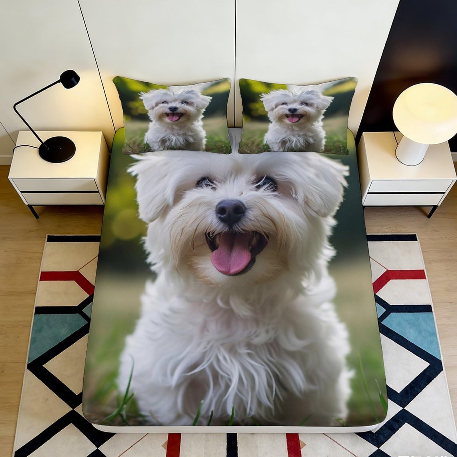 3D Printed White Dog Fitted Sheet Microfiber Anti-Slip Cute Puppy Bed Cover Machine Washable for Bedroom Dorm Decor 90x200x25cm