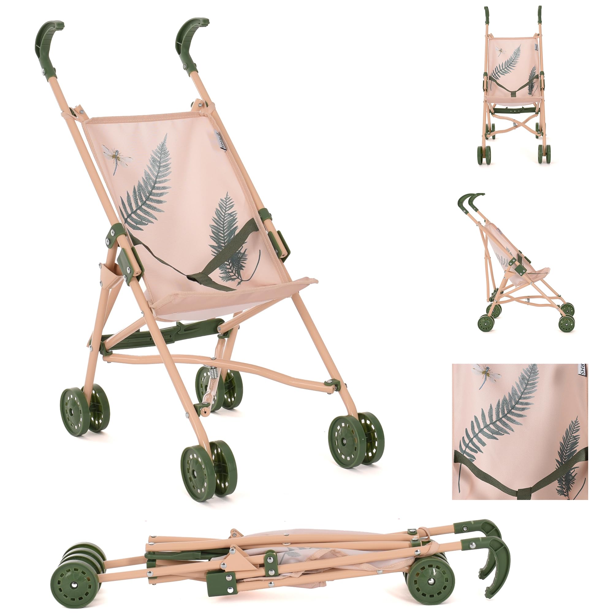 Roma Poussette RHS Fern pour poupée - Jouet écologique pour poupée - À partir de 2 Ans, crème/Vert, Tissu recyclé, Pliable, Portable, première Poussette idéale, Cadeau de Noël