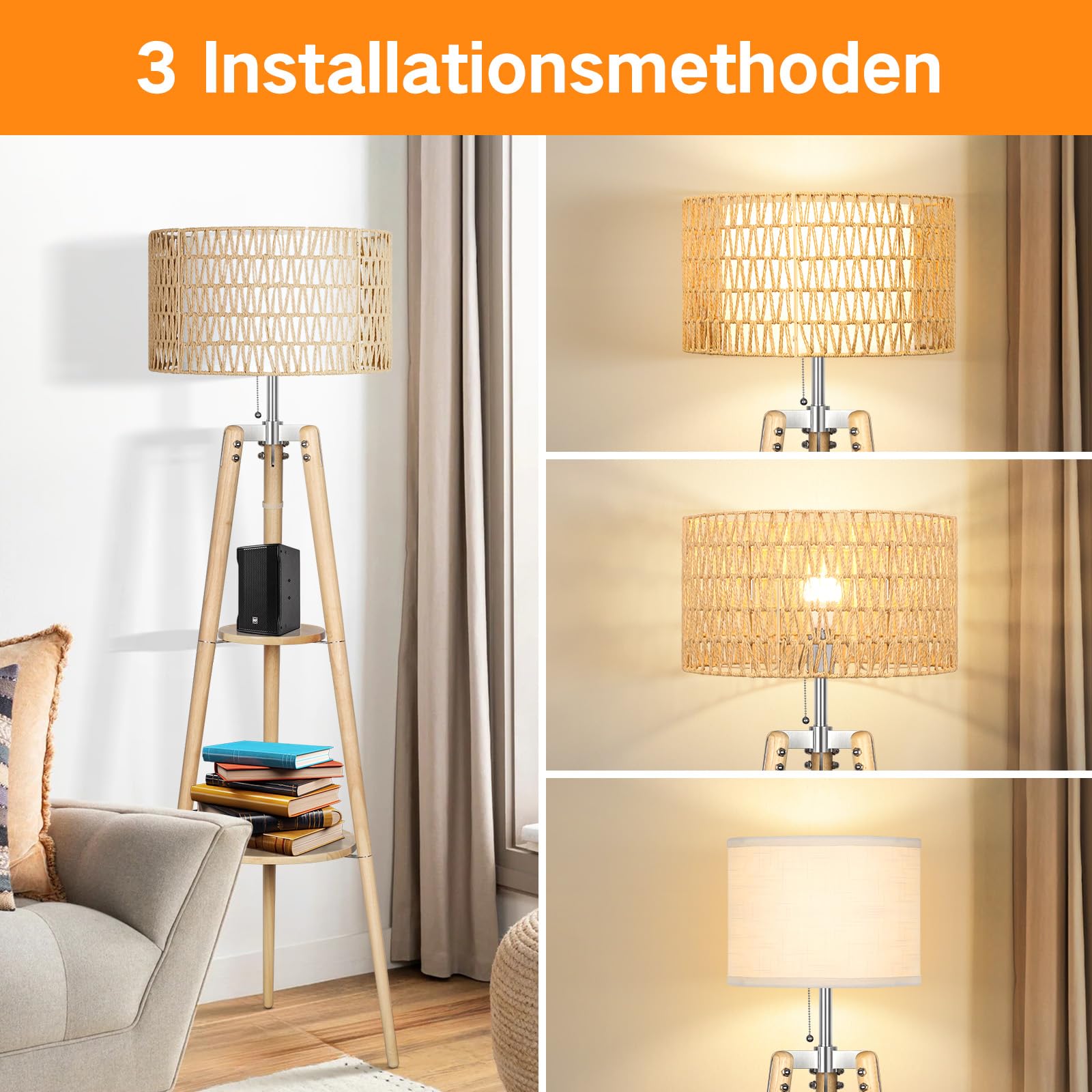 OUTON LED Stehlampe Dimmbar Dreibein Holz mit Regal,Fernbedienung,4 Farbtemperatur,1 Stunde Timerfunktion,Stativ Stehleuchte mit zwei Lampenschirmen,geeignet für Wohnzimmer, Schlafzimmer(Holzfarbe)