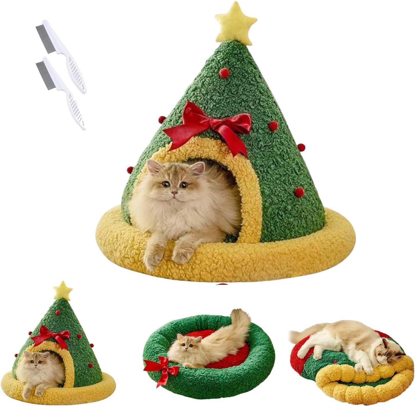Pawsmas Christmas Tree Triangle Cat Cave Bed, Removable and Washable Winter Closed-Off Cat Bed, Semi-Enclosed Pet Sleeping Bag Foldable Cat Cave or Small Dog Bed (Tree Nest, Small)