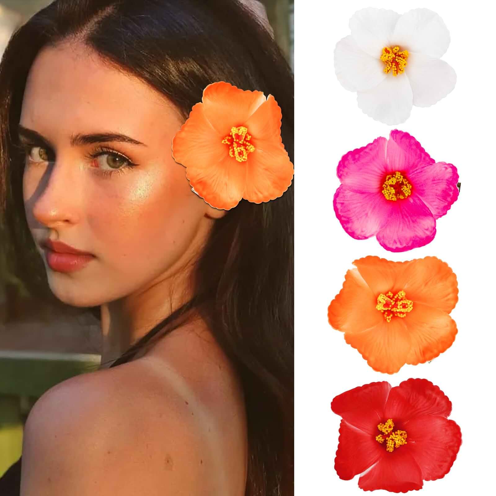 4pcs Hibiscus Hair Clip, Hawaiian Flower Hair Clips for Women Girls, Tropical Artificial Floral Hair Accessories for Beach Party Wedding Vacation Floral