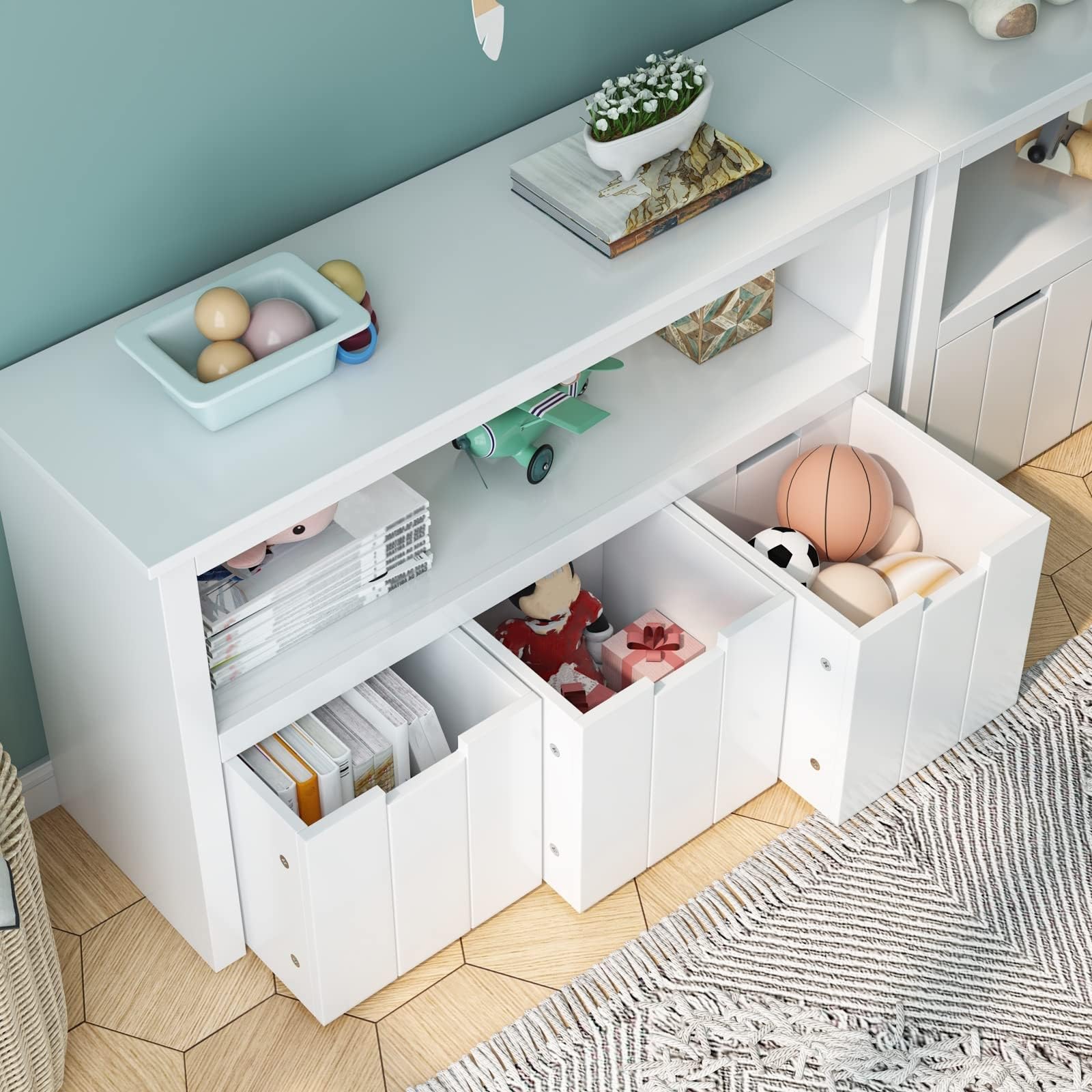 FOREHILL Meuble Rangement Jouet Bibliothèque pour Enfants Étagère Armoire de Rangement avec 3 Tiroirs Roulants Blanc 102x33x61.5cm