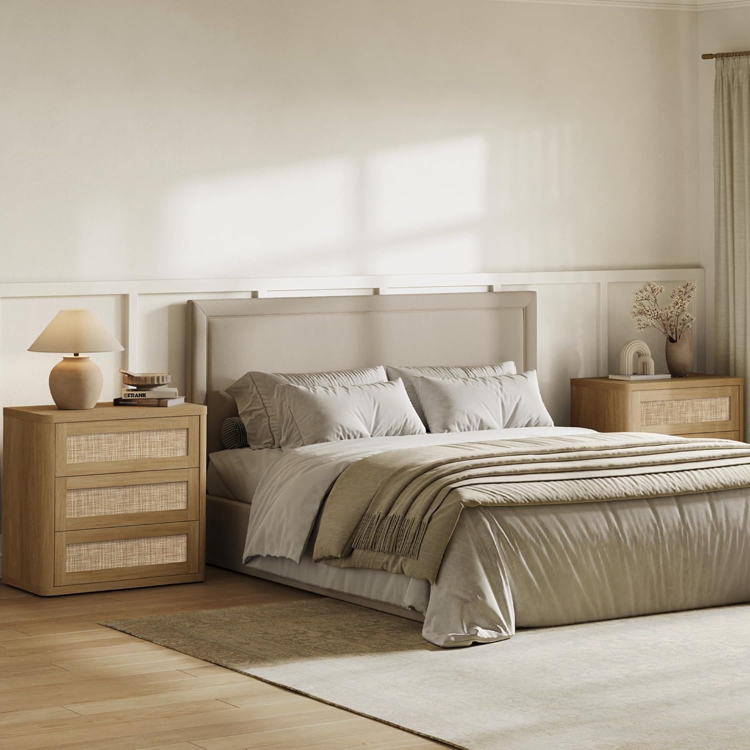 SICOTAS 26.8" Oversized Rattan Nightstand Set of 2, 3 Drawer Bedside Tables for King & Queen Beds, Large Boho End Tables with Rounded Edges & Push-to-Open Drawers for Master Bedroom, Amber Oak