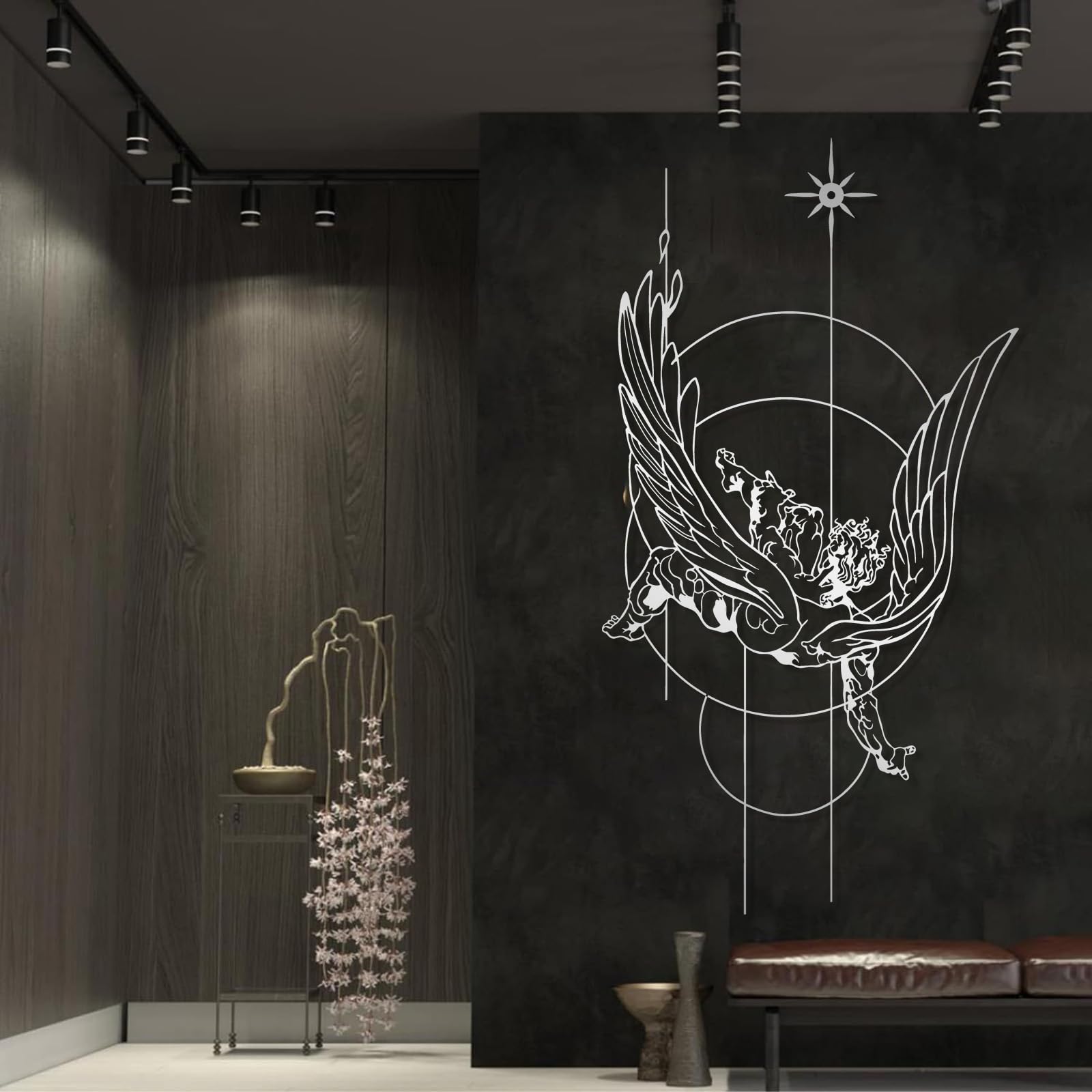 Decoración de Pared Moderna Minimalista de Metal, Escultura Colgante geométrica Griega de la caída de Ícaro, mitología, para Sala de Estar (Plateada 22"x41"|56x105cm)